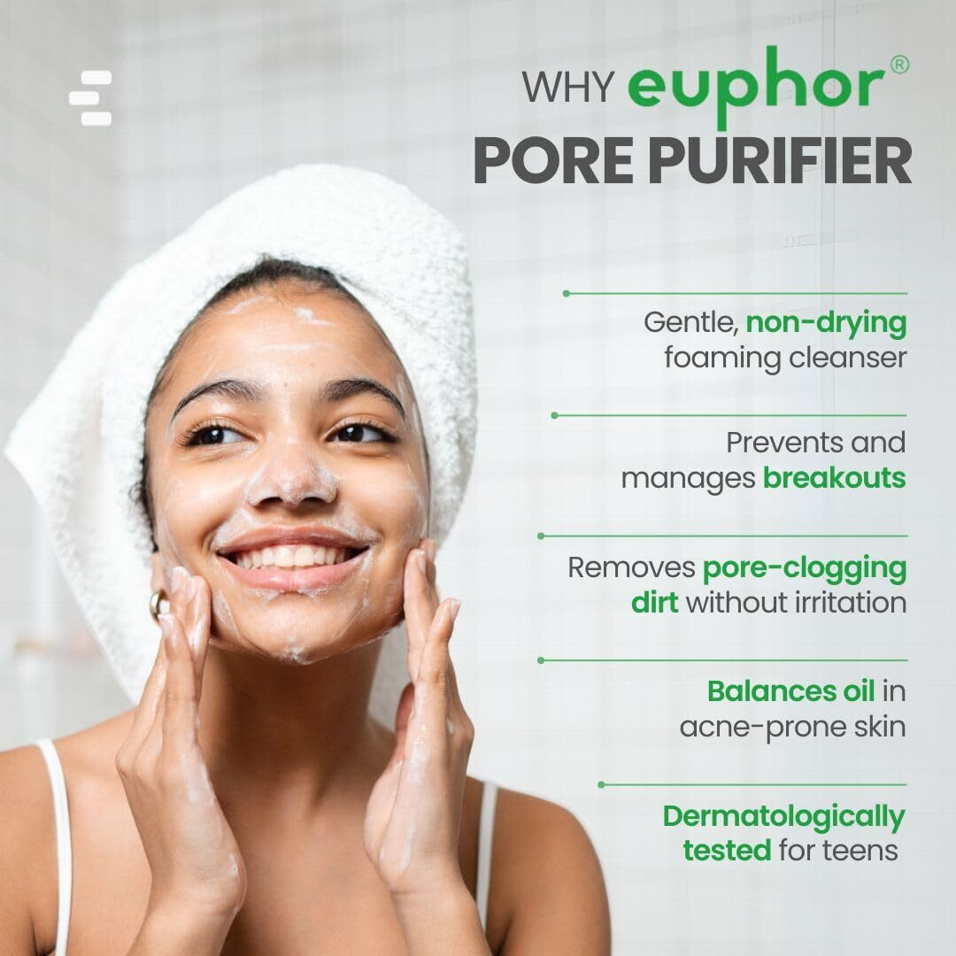 Euphor Teens Pore Purifier | Anti-Acne Foaming Face Wash | Age 12+ | Prevents Acne And Future Breakouts | Facewash For Oily Skin | Salicylic Acid, Tea Tree, Willow Bark | For Women And Men | 120Ml(1)
