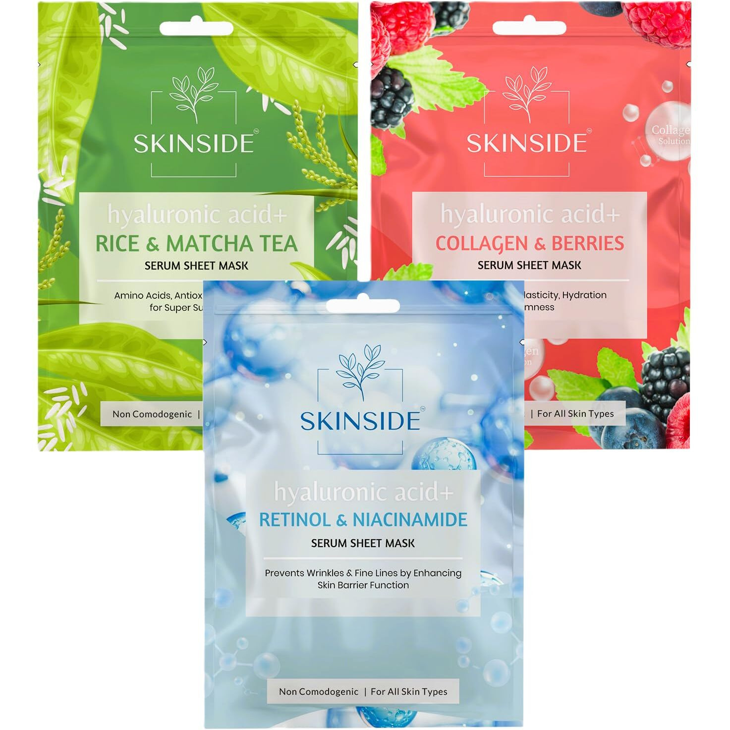 Skinside Serum Sheet Mask For Glowing Skin With Hyaluronic Acid | Face Mask Sheets Combo For | Hydrating | Tan & Blackheads Removal | Instant Brightening | Pore Reduction | Fairness | Skin Tightening (3, Rice & Matcha Tea | Collagen & Berries | Retinol & Niacinamide)