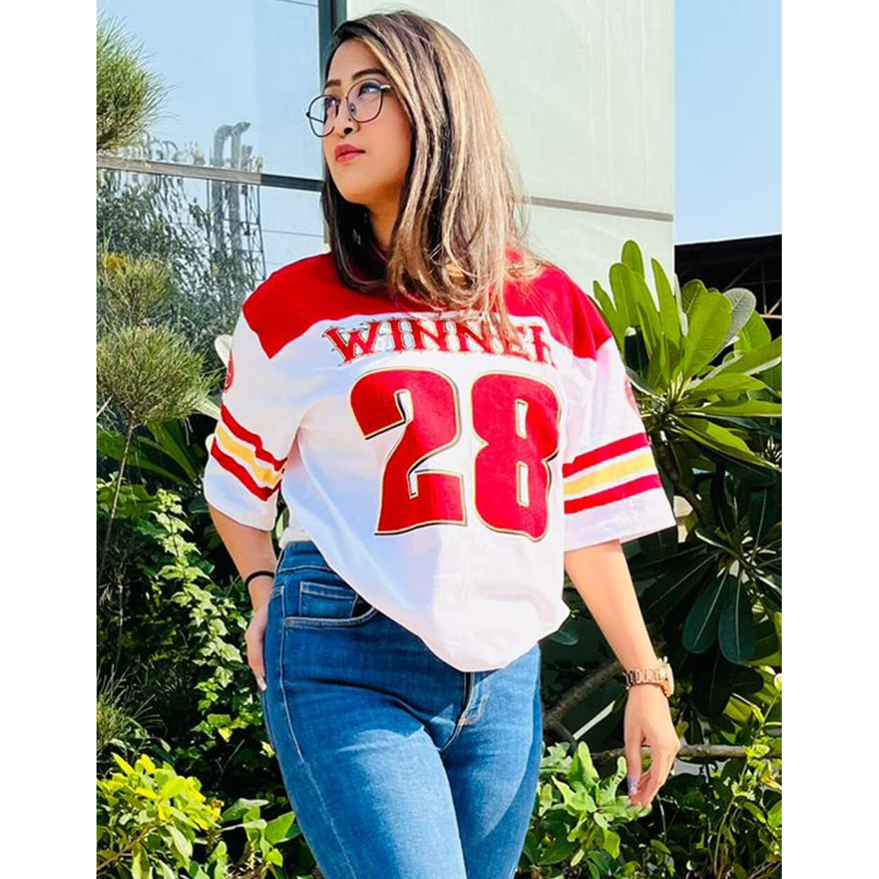 Juneberry Oversized Loose Fit Drop Shoulder Printed Sports Jersey T-Shirt For Women/Girls Red