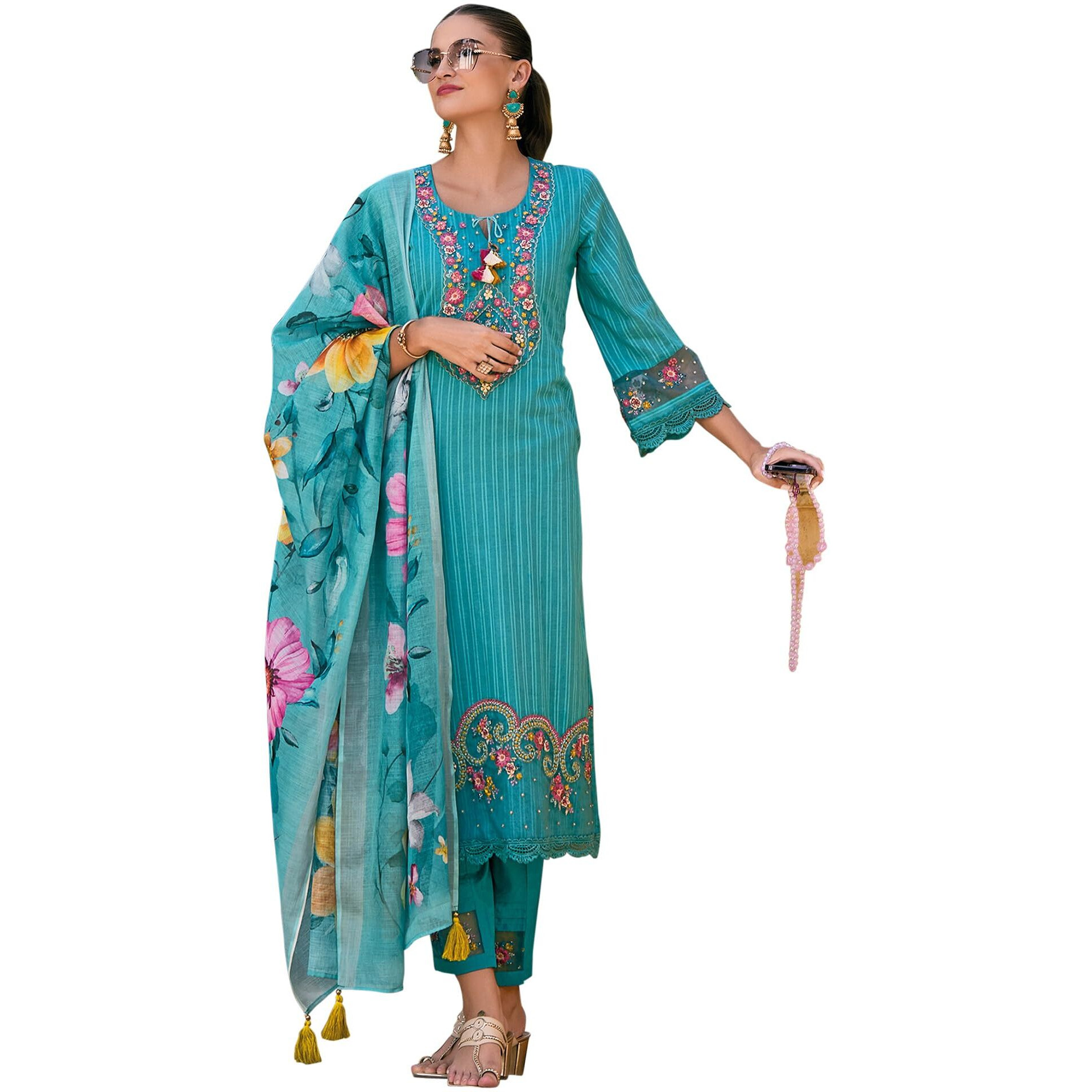 Indo Era Cotton Women's Blue Embroidered Straight Kurta & Pant With Dupatta Set (Kh0Bl6233_X-Small)