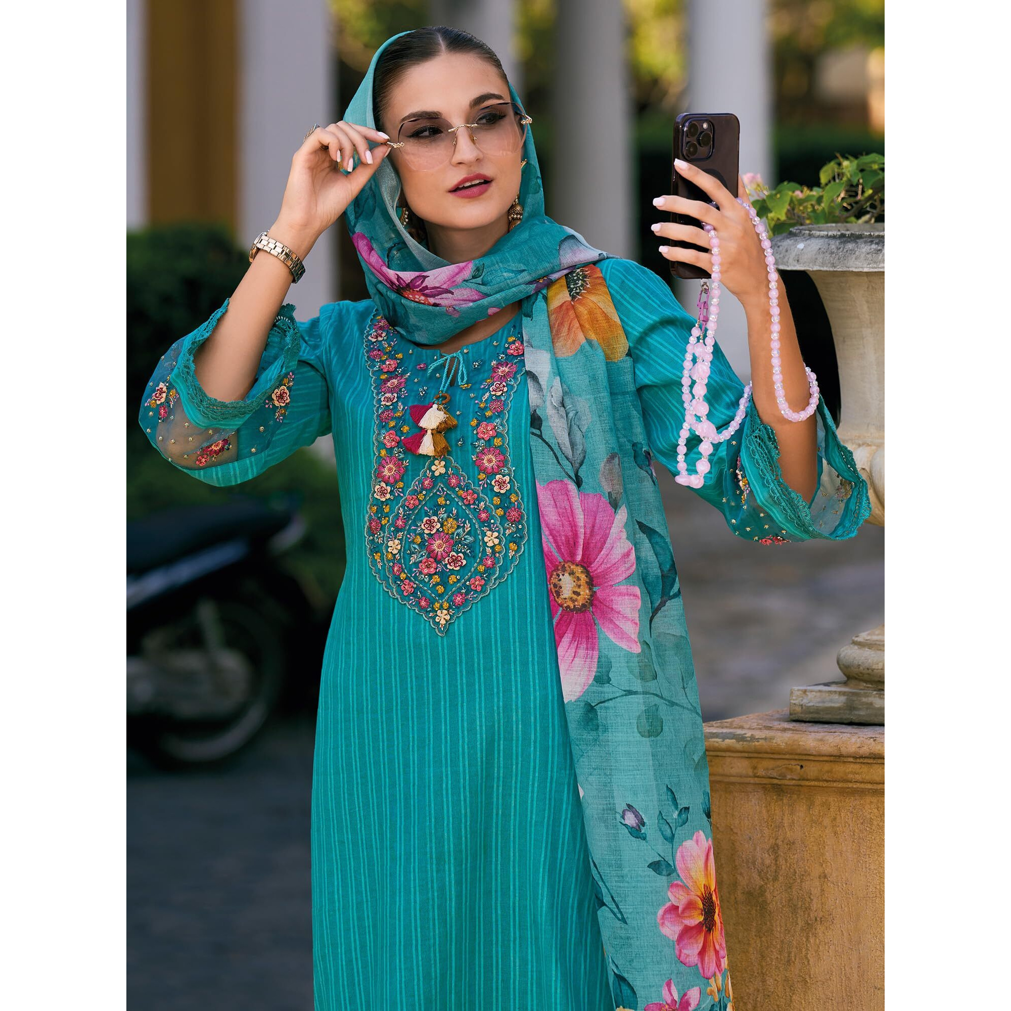 Indo Era Cotton Women's Blue Embroidered Straight Kurta & Pant With Dupatta Set (Kh0Bl6233_X-Small)