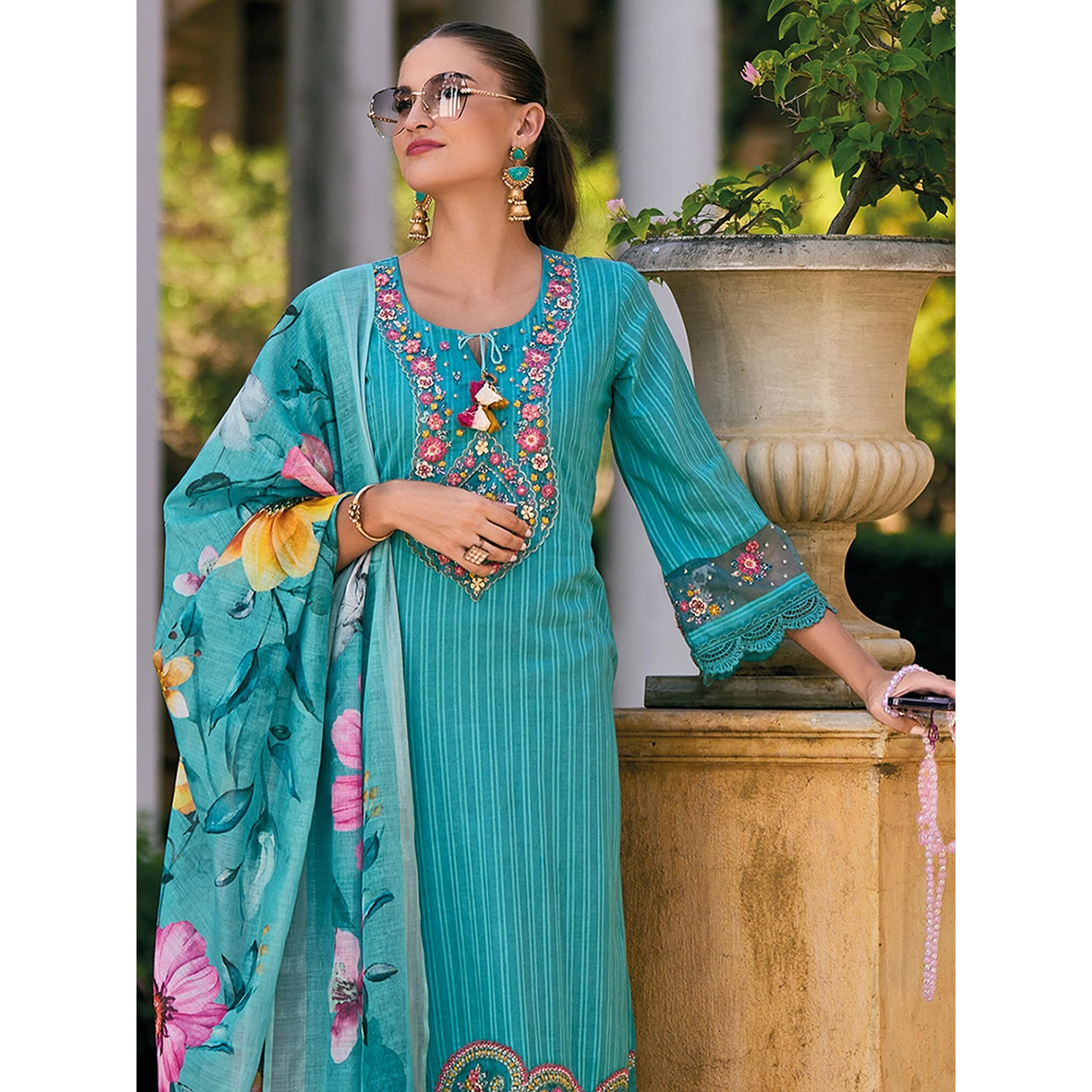 Indo Era Cotton Women's Blue Embroidered Straight Kurta & Pant With Dupatta Set (Kh0Bl6233_X-Small)