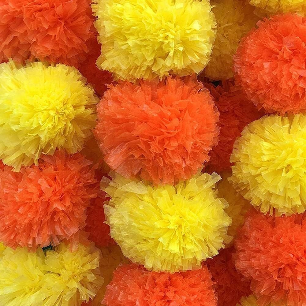 Abhaas Pack Of 10 Artificial Marigold Garland Toran For Decoration Long Garlands Toran Indian Genda Phool For Wedding&Festival Diwali/4.5-4.9 Ft /10 Strings/Yellow+Orange Mix,6 Cm
