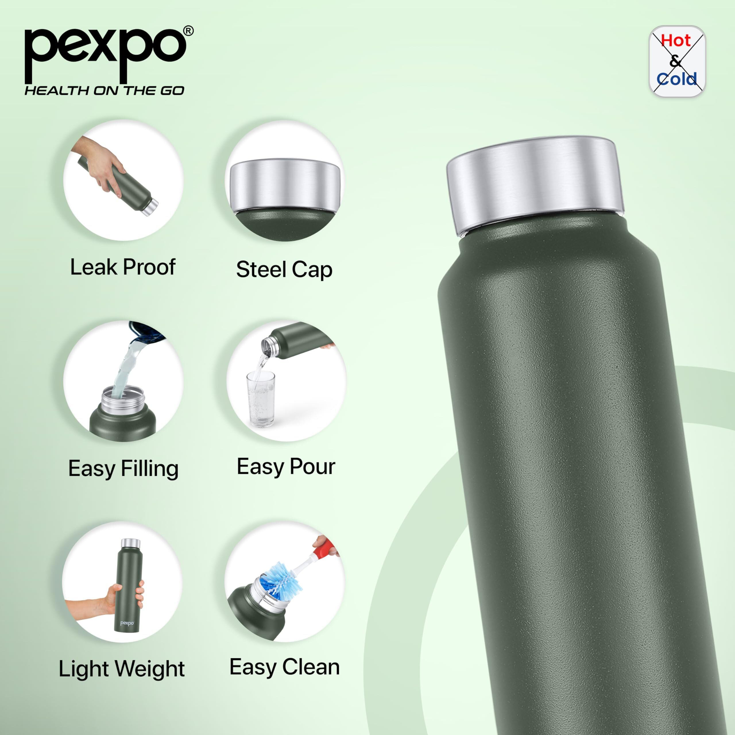 Pexpo Chromo Pro Stainless Steel Sports/Fridge Water Bottle 1 Litre, Military Green | Eco Friendly | Bpa Free | Water Bottle For Office, Gym, School, Yoga, Trekking | Rcb Edition
