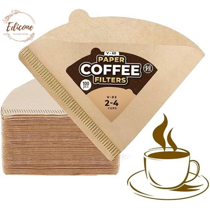 Edicon Cone Shaped Unbleached All Natural Coffee Filters, Coffee Filters - Size 02, Natural Paper Coffee Filter, No Blowout, Disposable For Pour Over And Drip Coffee Maker (2-4 Cup) 100 Count