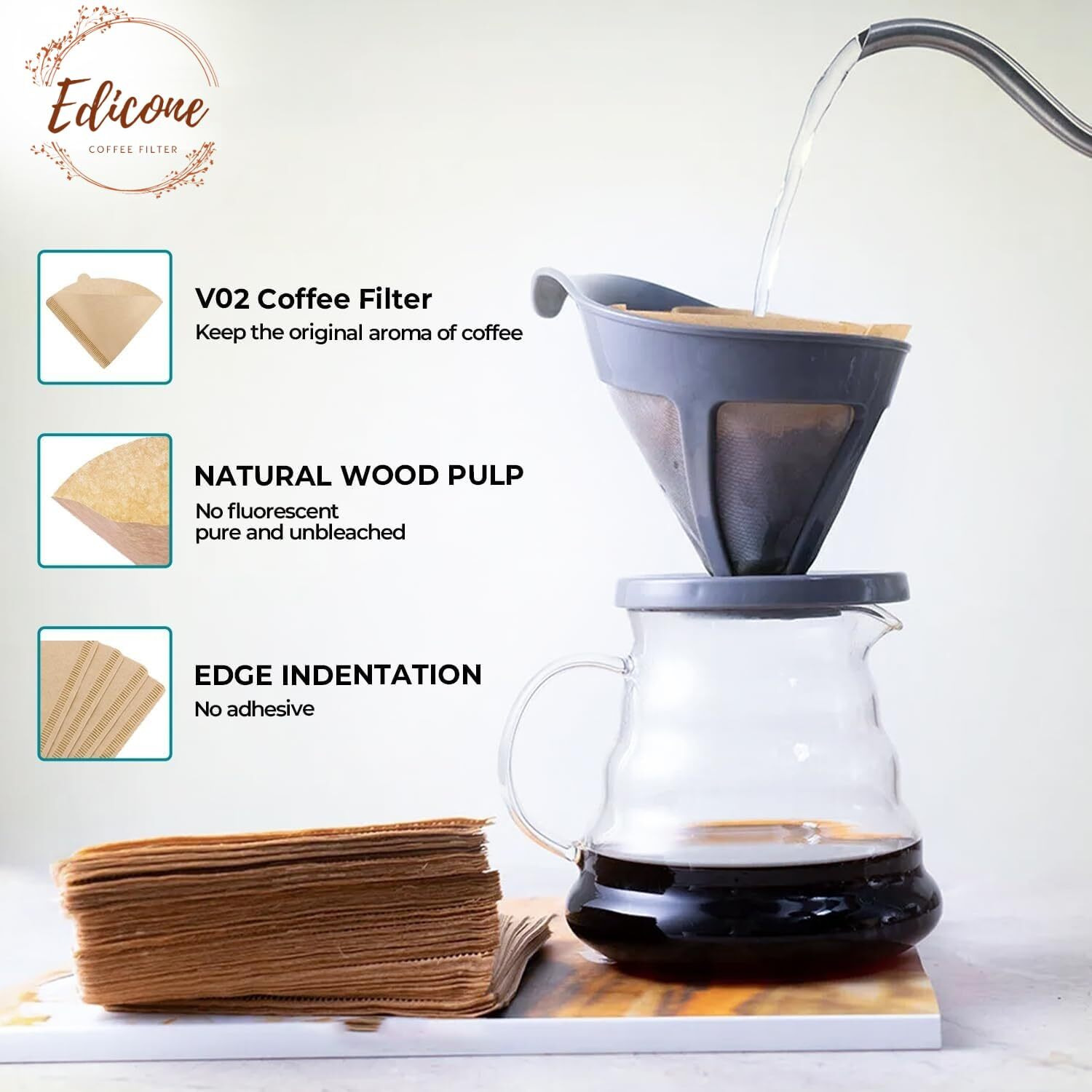 Edicon Cone Shaped Unbleached All Natural Coffee Filters, Coffee Filters - Size 02, Natural Paper Coffee Filter, No Blowout, Disposable For Pour Over And Drip Coffee Maker (2-4 Cup) 100 Count