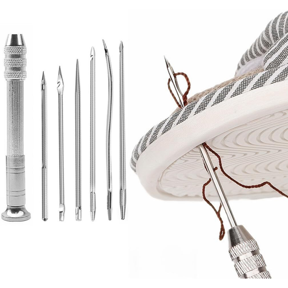 Wicharsh 7Pcs Leather Sewing Awl Needle Set, Shoe Repair Tool Kit, Diy Handmade, Includes 6 Needles (Slender, Medium, Robust), 1 Metal Awl Shaft, Handle, Box Container