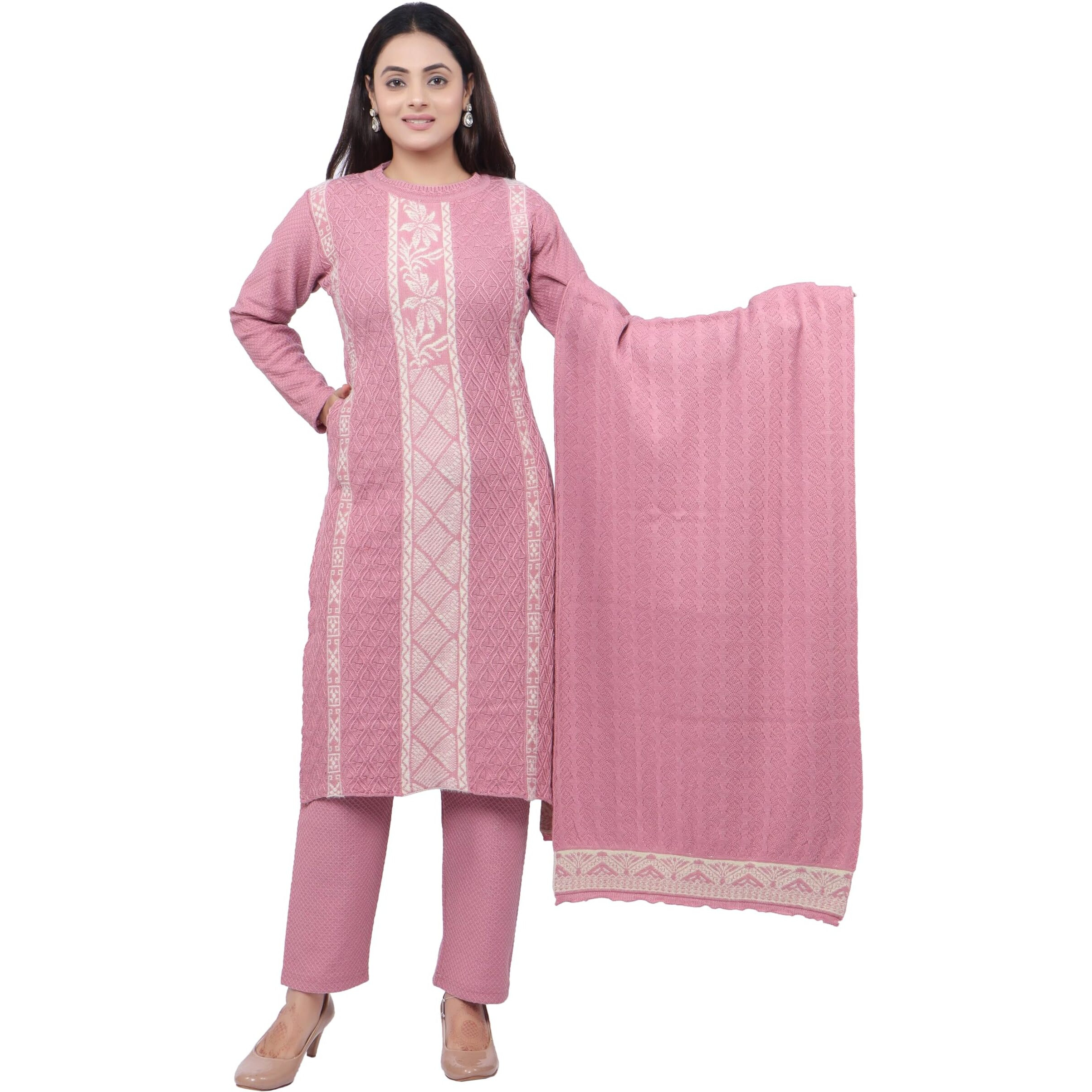 Pipasa Women's Embroidered Kurta Sets Karachi Wool Kurta Palazzo And Stole - Warm Winter Wear, Full Sleeve, Mandarin Collar (Set Of 3 Piece) Kangna