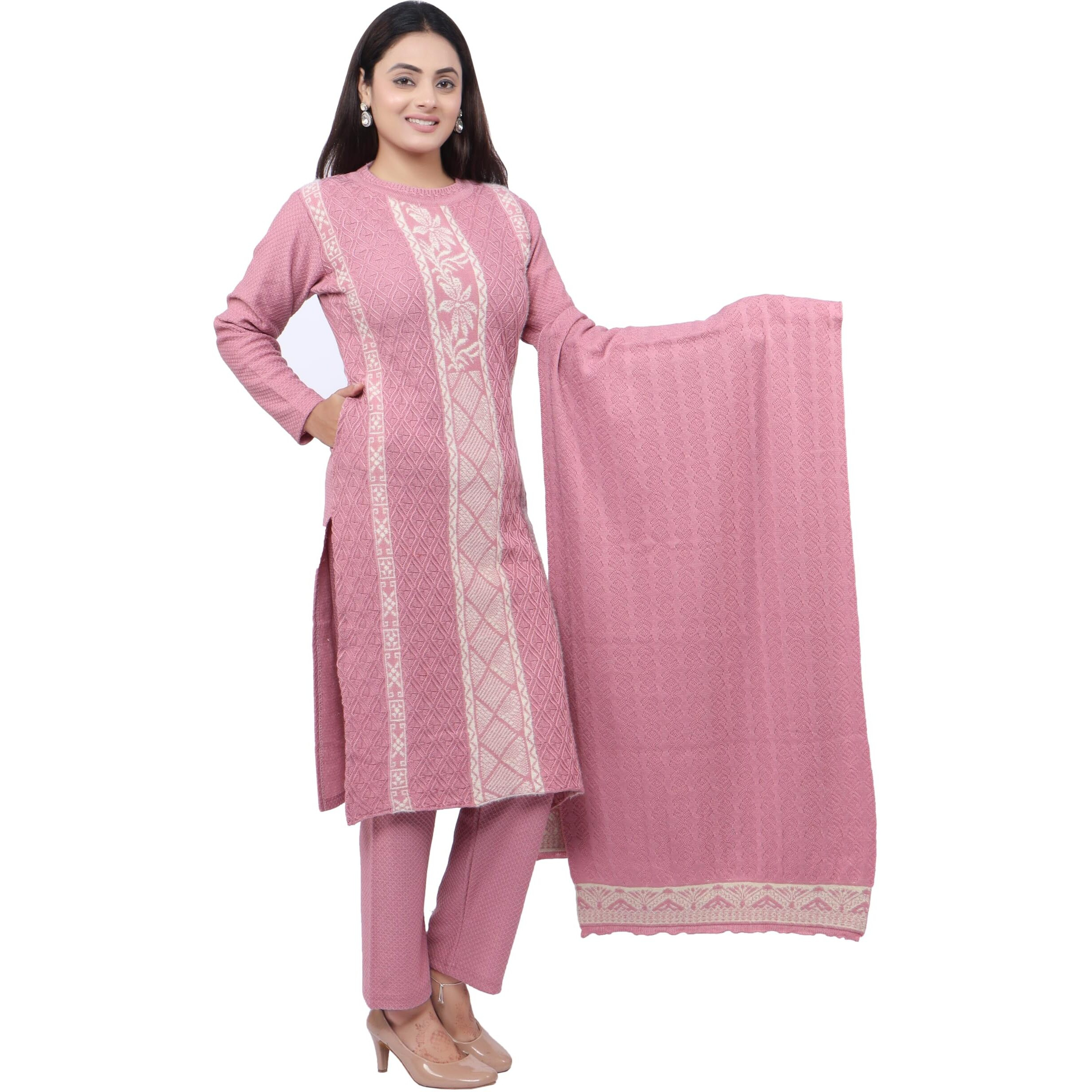 Pipasa Women's Embroidered Kurta Sets Karachi Wool Kurta Palazzo And Stole - Warm Winter Wear, Full Sleeve, Mandarin Collar (Set Of 3 Piece) Kangna