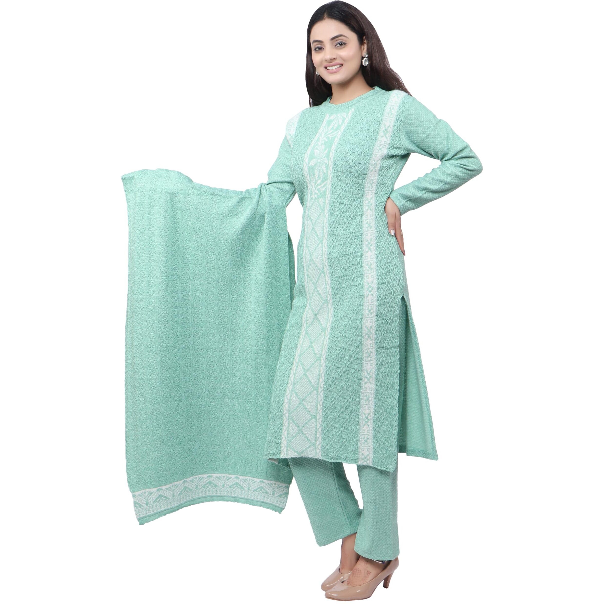 Pipasa Women's Embroidered Floral Kurta Sets Karachi Wool Kurta Palazzo And Stole - Warm Winter Wear, Full Sleeve, Mandarin Collar (Set Of 3 Piece) Kangna, Medium