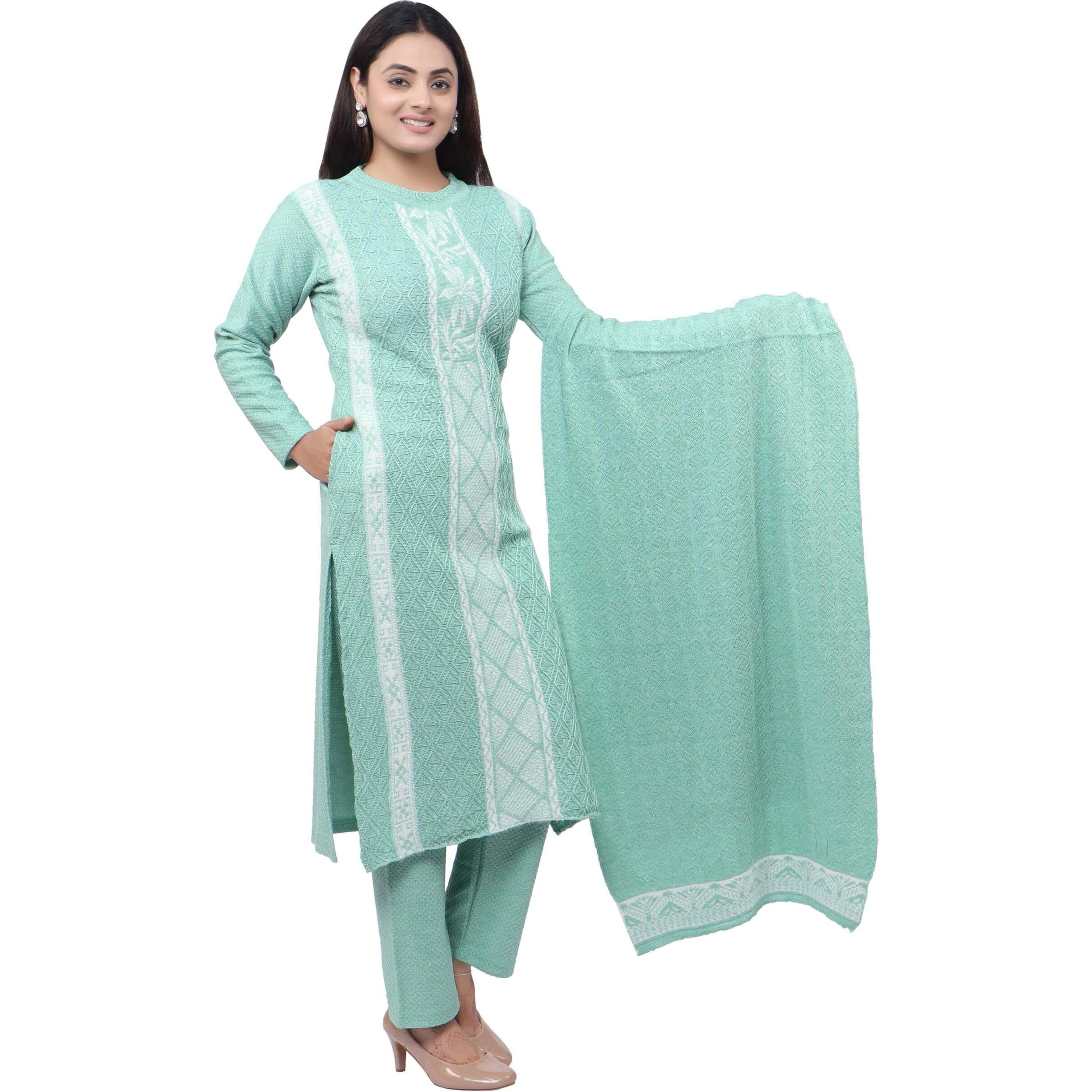 Pipasa Women's Embroidered Floral Kurta Sets Karachi Wool Kurta Palazzo And Stole - Warm Winter Wear, Full Sleeve, Mandarin Collar (Set Of 3 Piece) Kangna, Medium