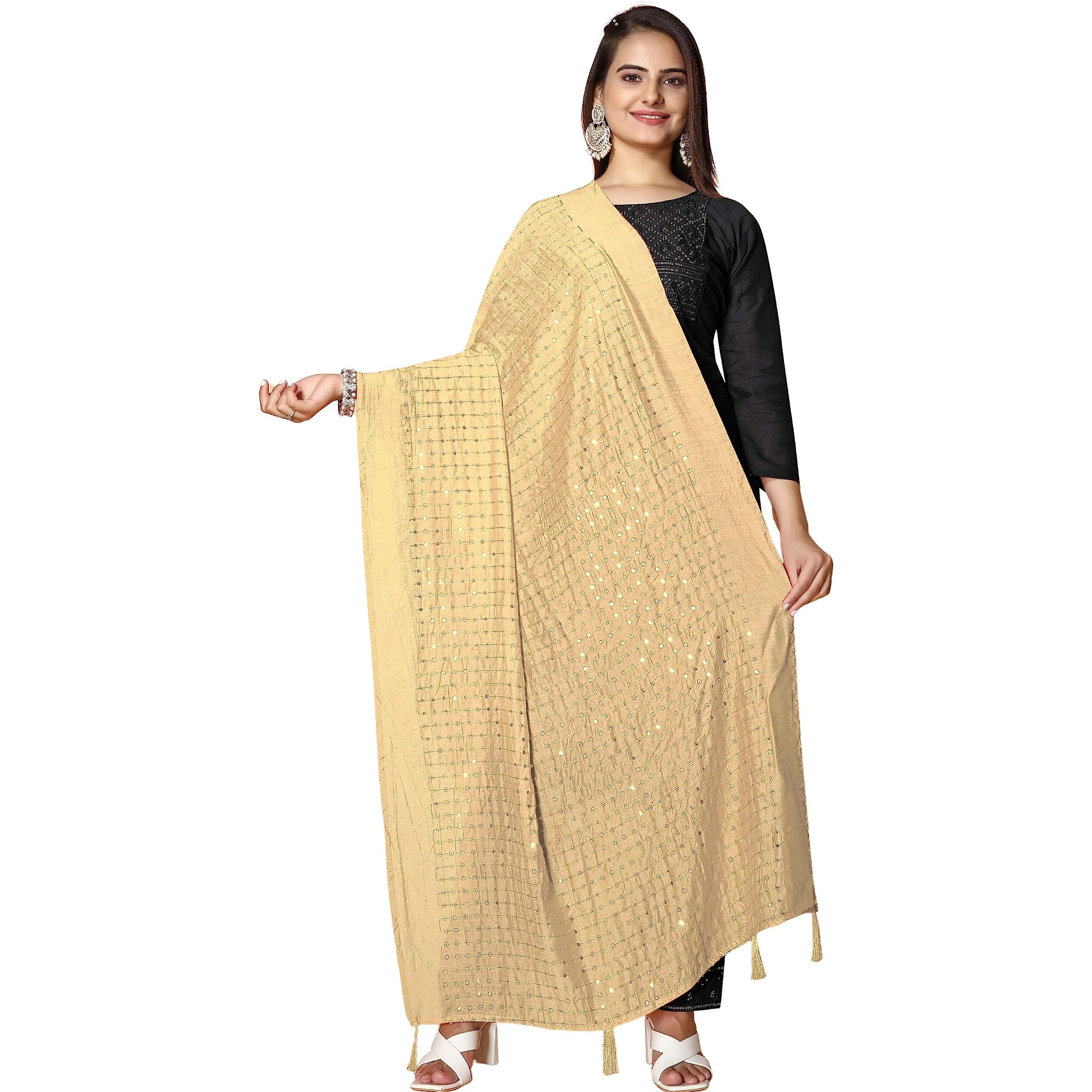 Kemza Women's Embroidered Mirror Cotton Dupatta (Gold_Free Size) With Rajasthani Aari Work