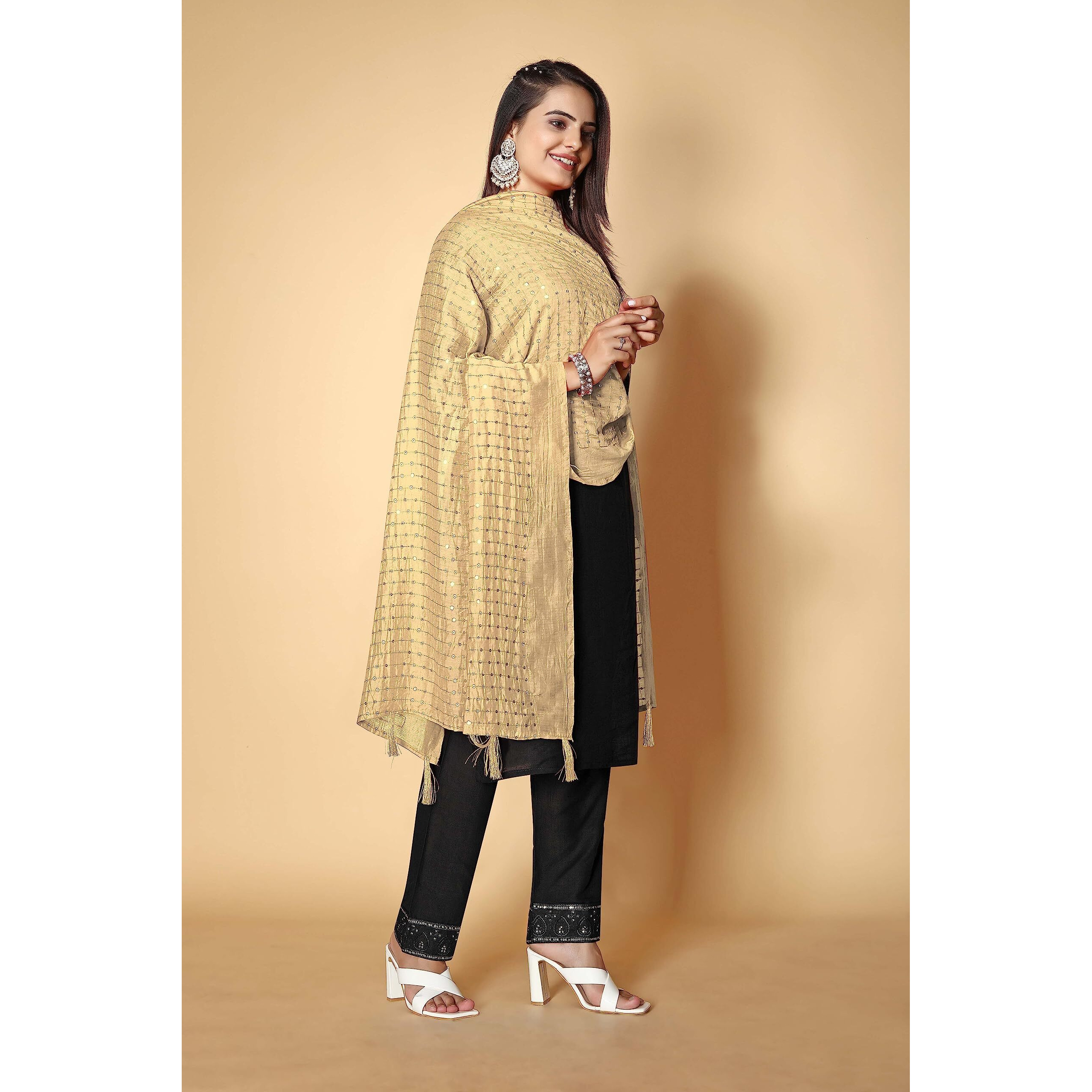 Kemza Women's Embroidered Mirror Cotton Dupatta (Gold_Free Size) With Rajasthani Aari Work