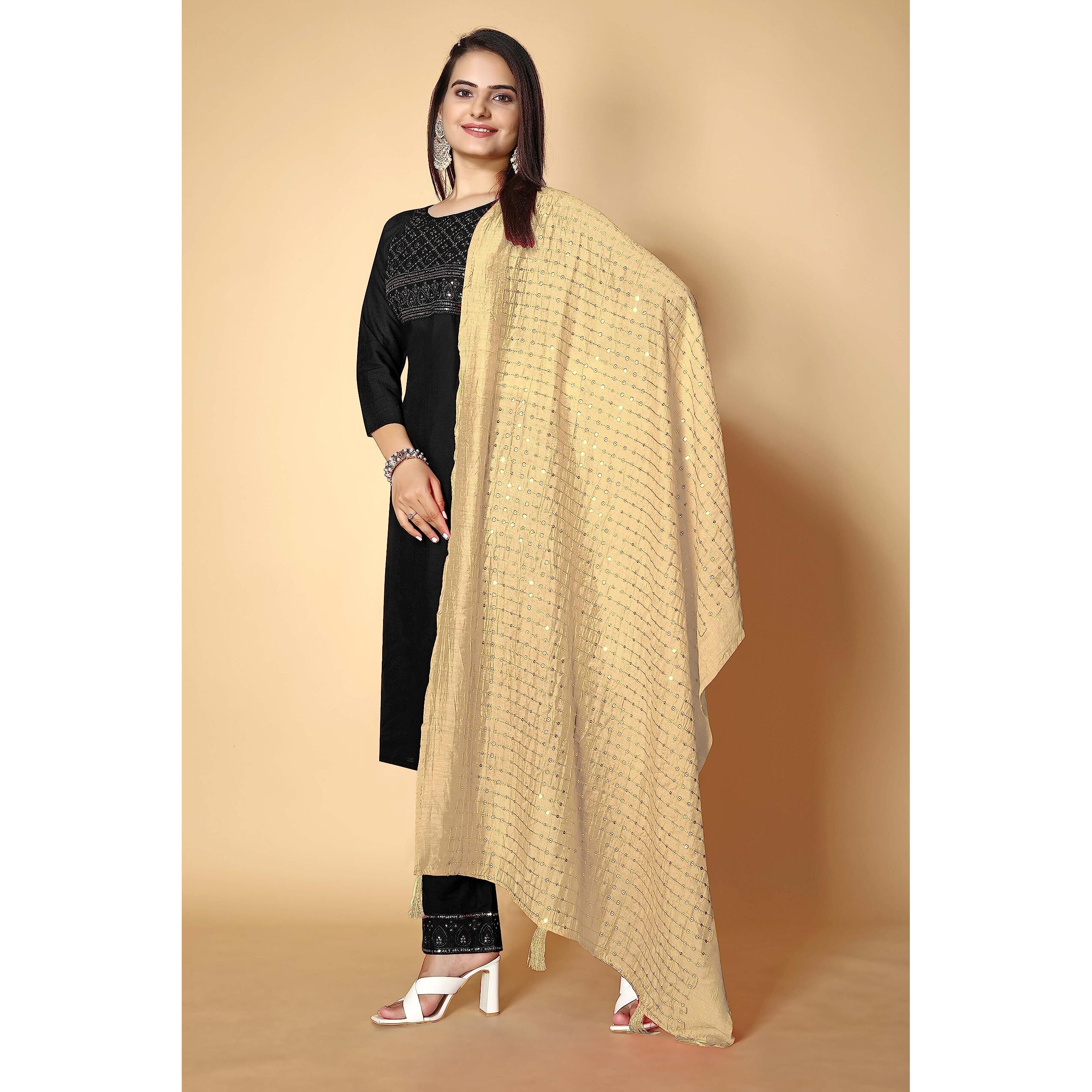 Kemza Women's Embroidered Mirror Cotton Dupatta (Gold_Free Size) With Rajasthani Aari Work