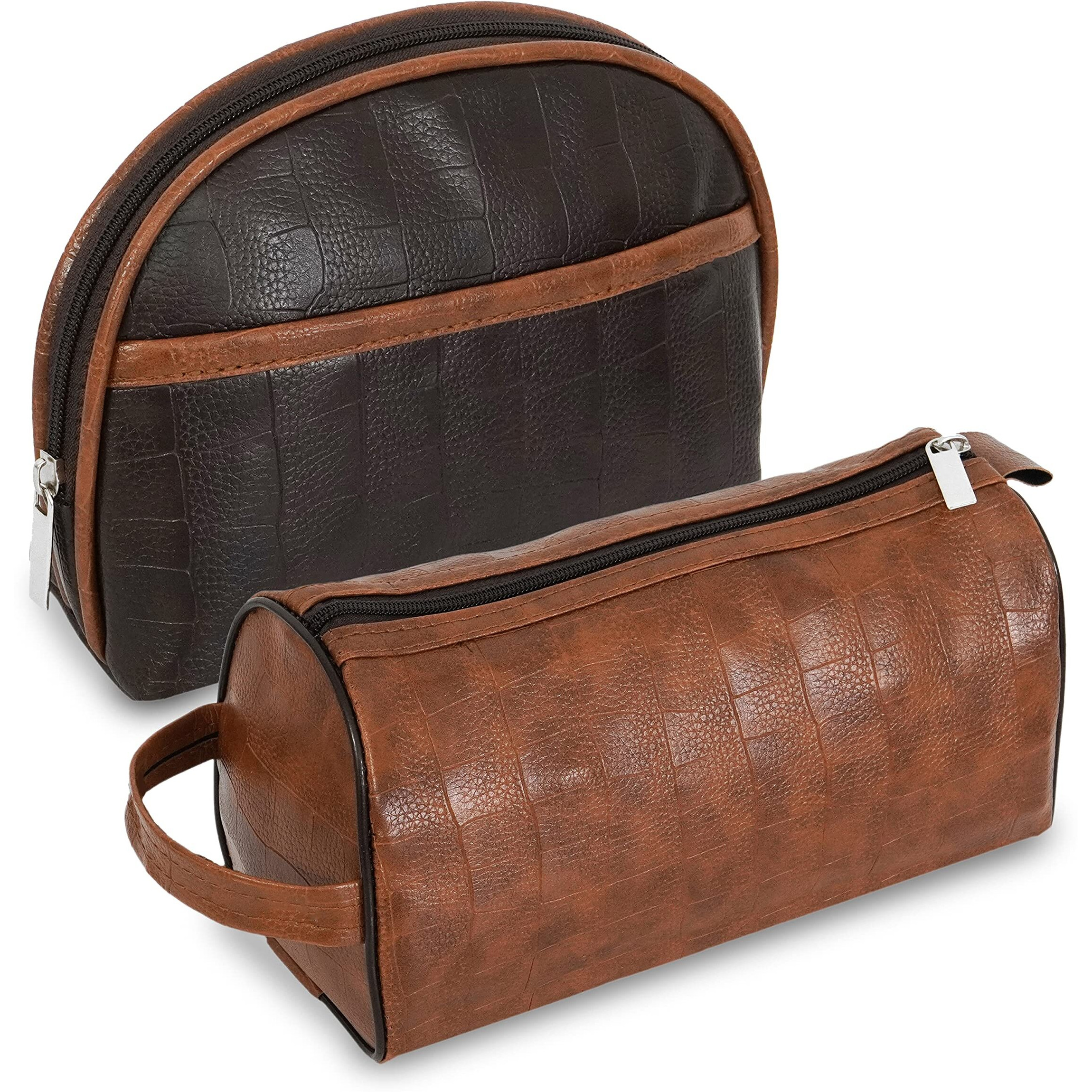Sndia 2-Set Pu Leather Toiletry Travel Bags For Men And Women, Shaving Kit Bag, Makeup Cosmetic Pouch For Women And Men (Him & Her) Brown