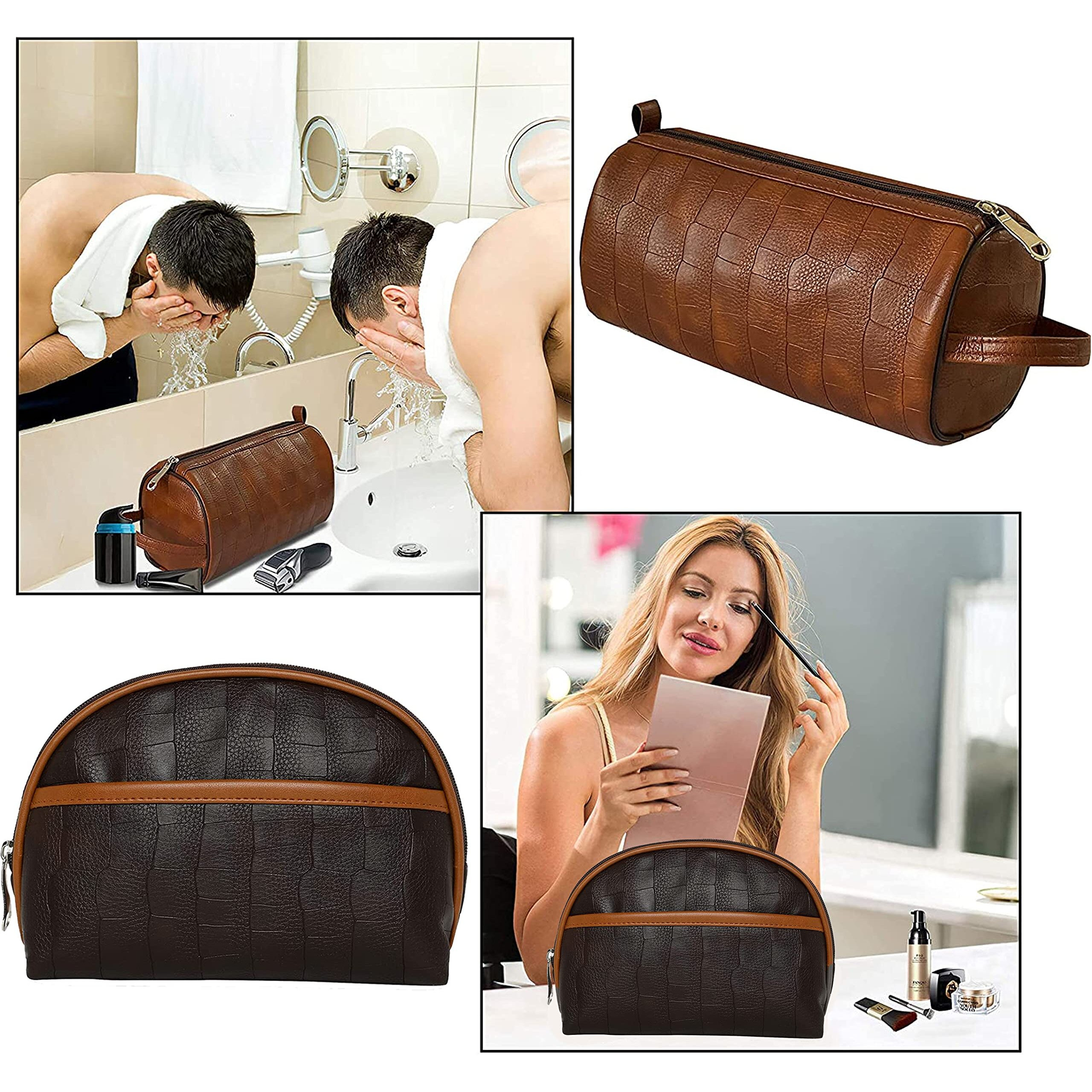 Sndia 2-Set Pu Leather Toiletry Travel Bags For Men And Women, Shaving Kit Bag, Makeup Cosmetic Pouch For Women And Men (Him & Her) Brown