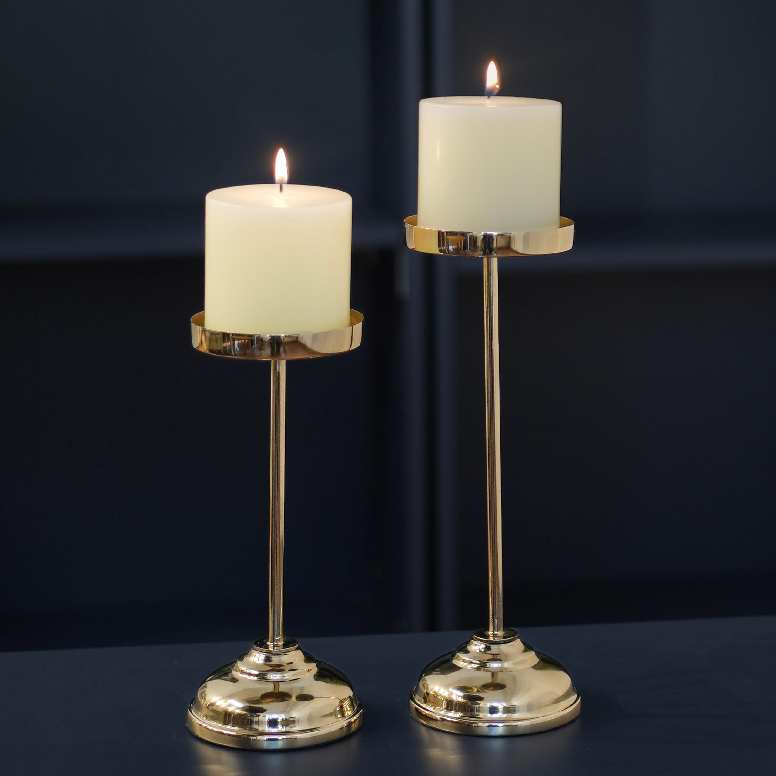 Behoma Handcrafted Large Metal Pillar Candle Holders | Table Centerpieces Coffee Tables Or Fireplace Mantels | Solid Candles Stand For Diwali Home Decor, Gift, Valentine's Day | Colour Golden Set Of 2