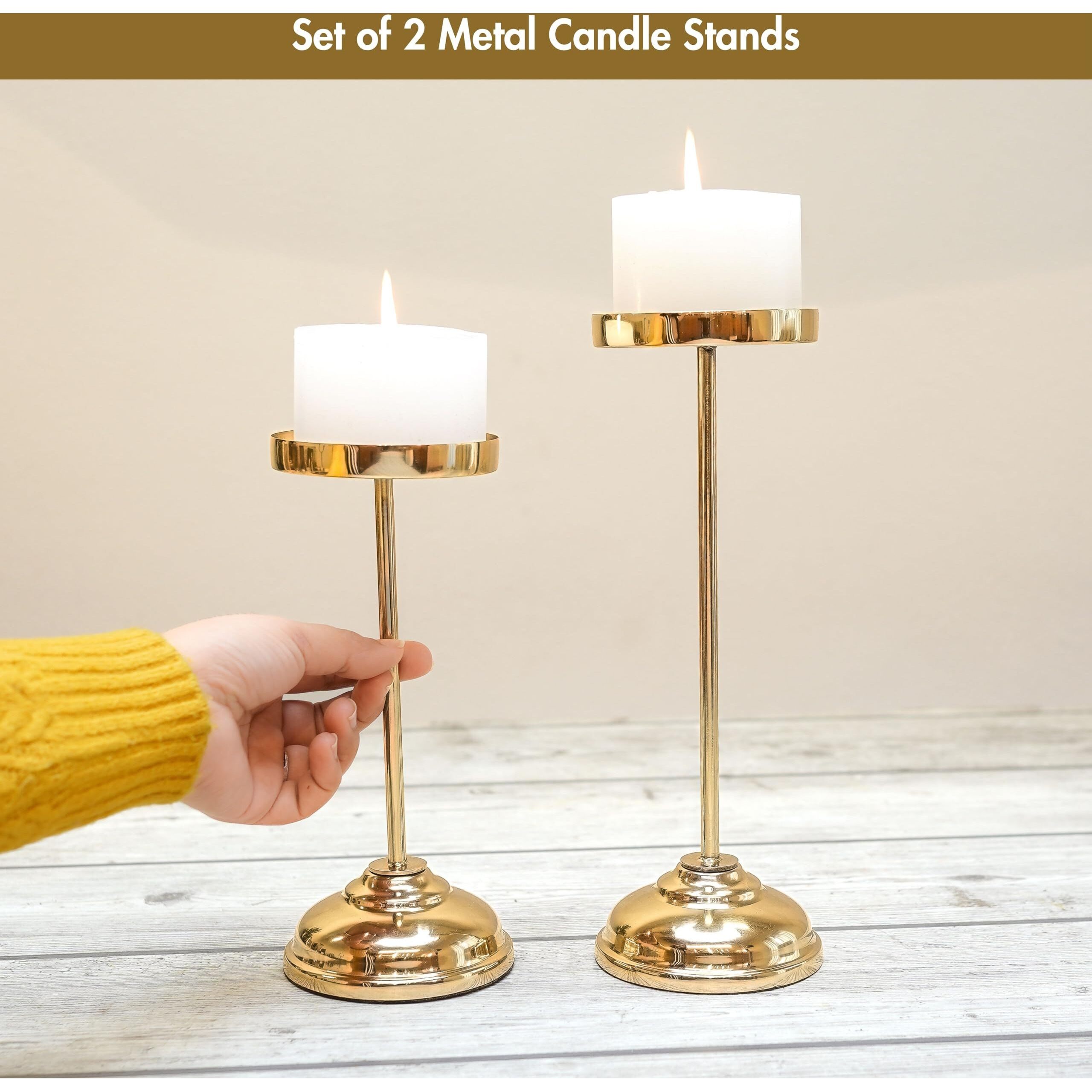 Behoma Handcrafted Large Metal Pillar Candle Holders | Table Centerpieces Coffee Tables Or Fireplace Mantels | Solid Candles Stand For Diwali Home Decor, Gift, Valentine's Day | Colour Golden Set Of 2