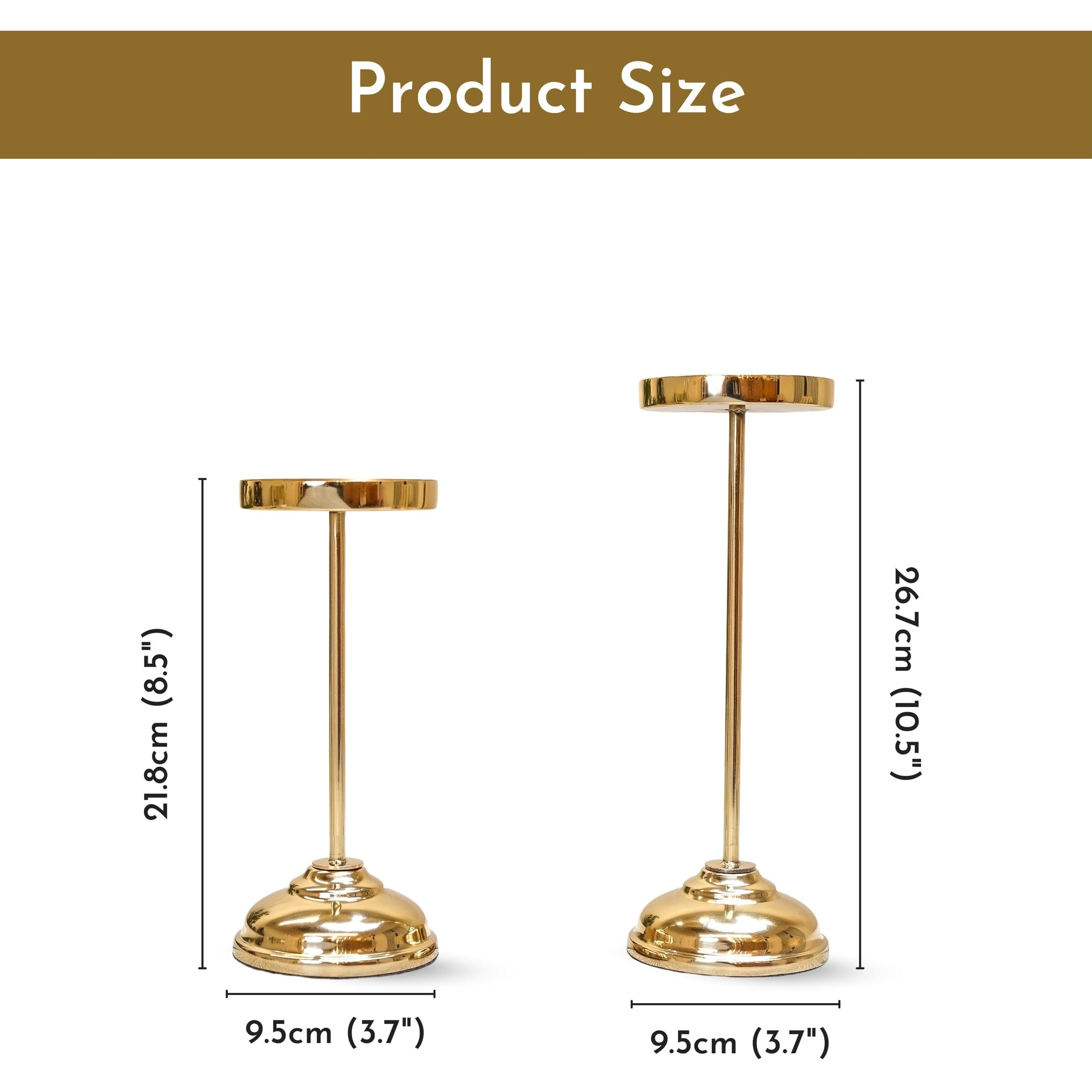 Behoma Handcrafted Large Metal Pillar Candle Holders | Table Centerpieces Coffee Tables Or Fireplace Mantels | Solid Candles Stand For Diwali Home Decor, Gift, Valentine's Day | Colour Golden Set Of 2