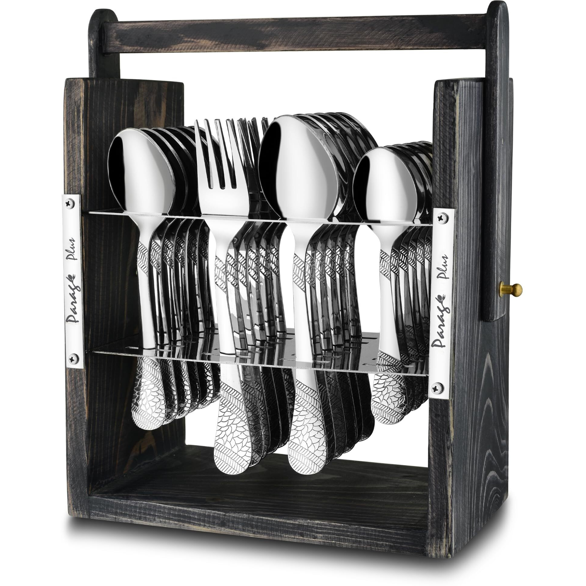 Parage 25 Pieces Stainless Steel Imperial Cutlery Set With Wooden Hanging Stand For Dining Table (Contains 6 Tea Spoons, 6 Table Spoons, 6 Table Forks, 6 Dinner Spoon), Stylish Spoon Set