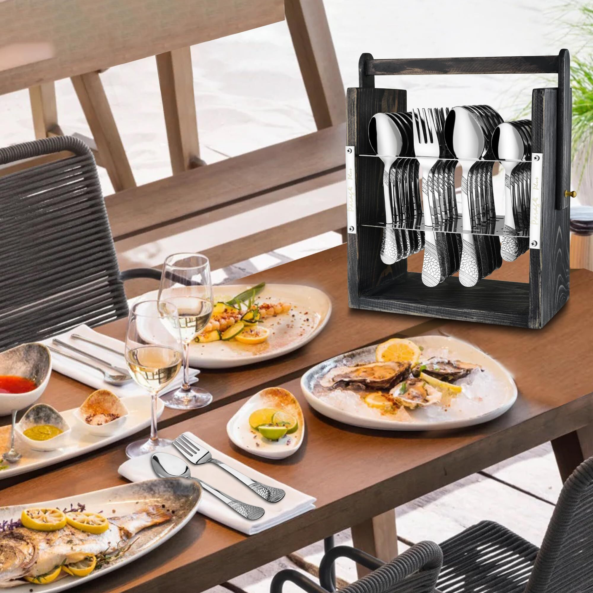 Parage 25 Pieces Stainless Steel Imperial Cutlery Set With Wooden Hanging Stand For Dining Table (Contains 6 Tea Spoons, 6 Table Spoons, 6 Table Forks, 6 Dinner Spoon), Stylish Spoon Set