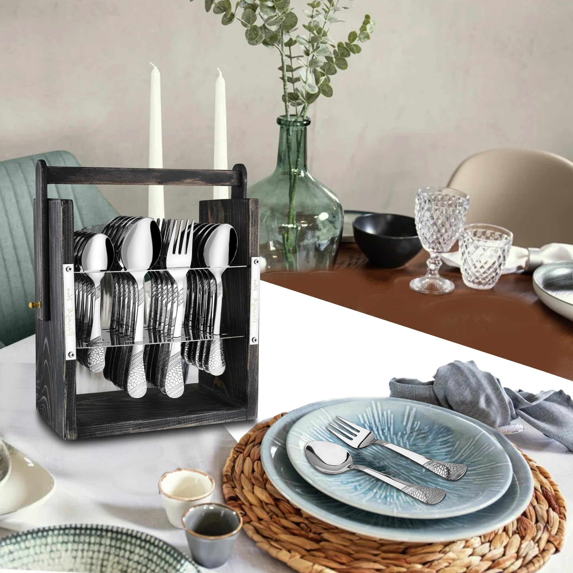 Parage 25 Pieces Stainless Steel Imperial Cutlery Set With Wooden Hanging Stand For Dining Table (Contains 6 Tea Spoons, 6 Table Spoons, 6 Table Forks, 6 Dinner Spoon), Stylish Spoon Set