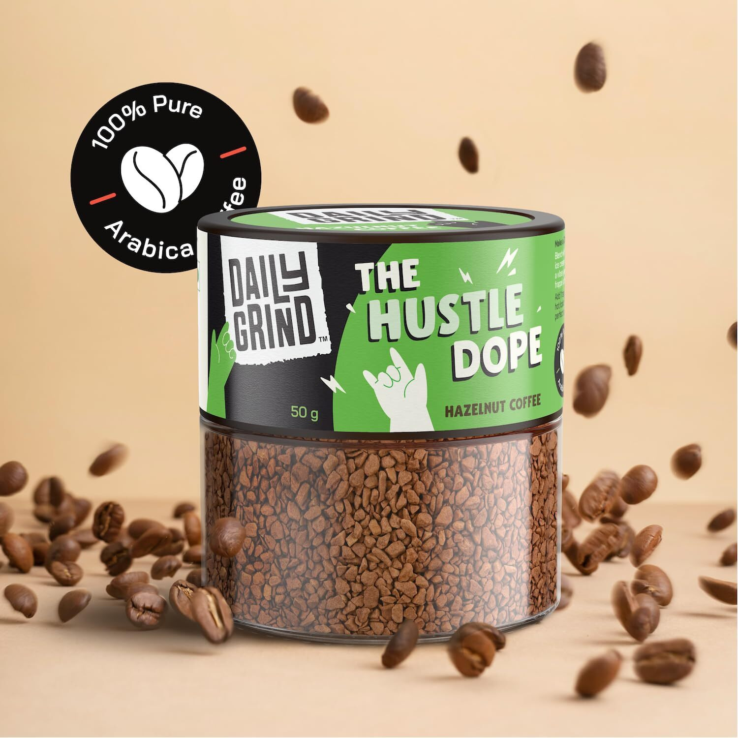Dailygrind Hazelnut Instant Coffee Powder - 50G | The Hustle Dope | Make Hot Cold Hazelnunt Coffee | Flavored Coffee | 100% Arabica Beans | Strong Coffee Freeze Dried - 25 Cups