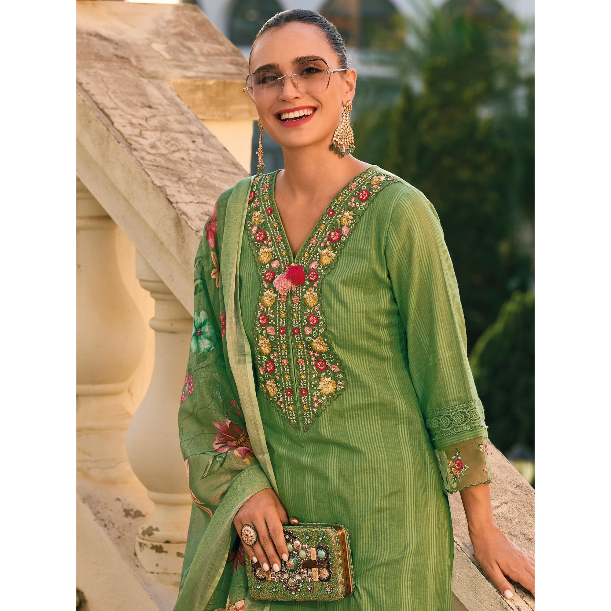 Indo Era Cotton Women's Green Embroidered Straight Kurta And Pant With Dupatta Set (Kh0Gn6230_Medium)