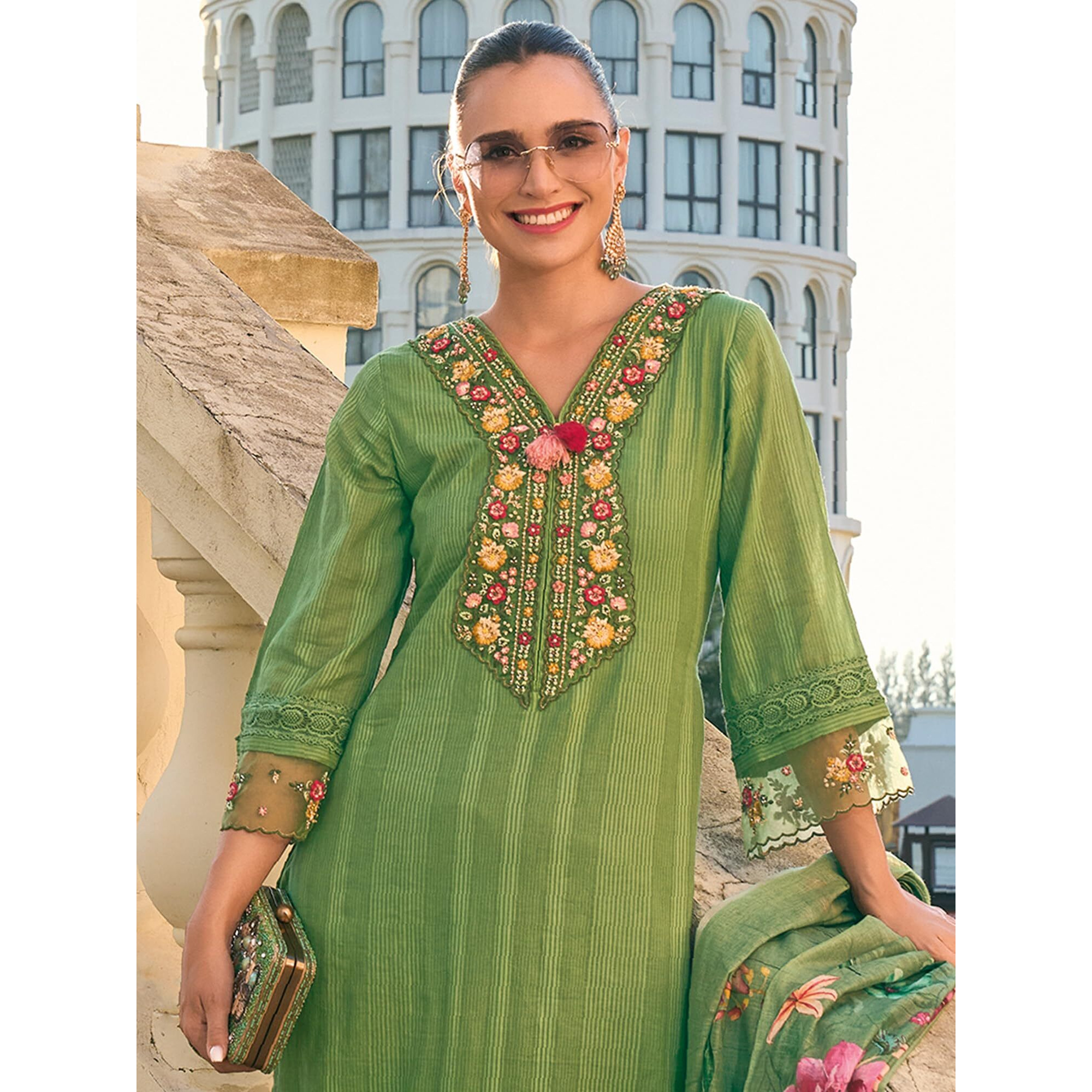 Indo Era Cotton Women's Green Embroidered Straight Kurta And Pant With Dupatta Set (Kh0Gn6230_Medium)