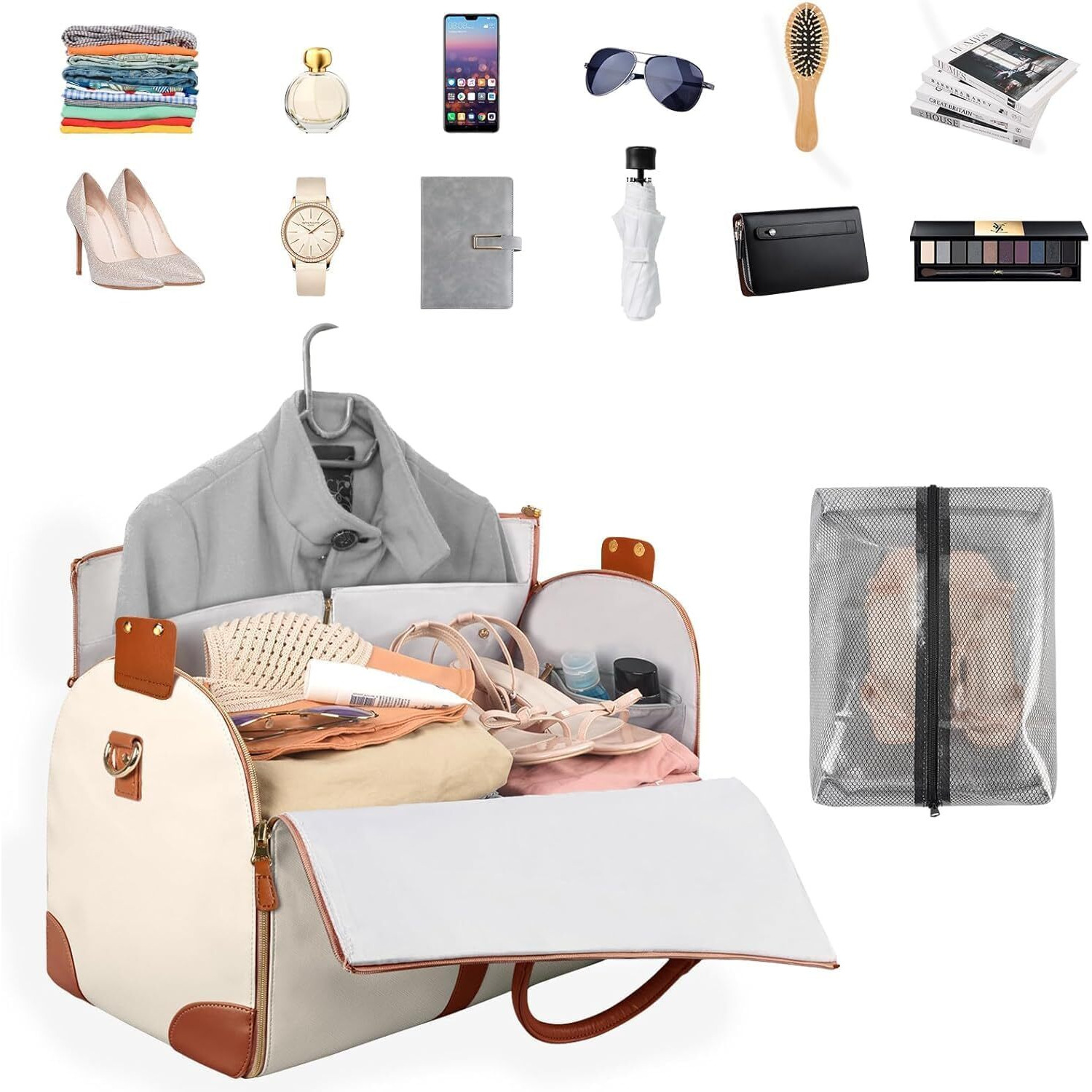 Leather Garment Bags For Travel, Convertible Carry On Garment Bag Large Duffle Bags For Women, 2 In 1 Hanging Suitcase Suit Water Resistant Duffel Travel Bags With Shoe Pouch (Beige)
