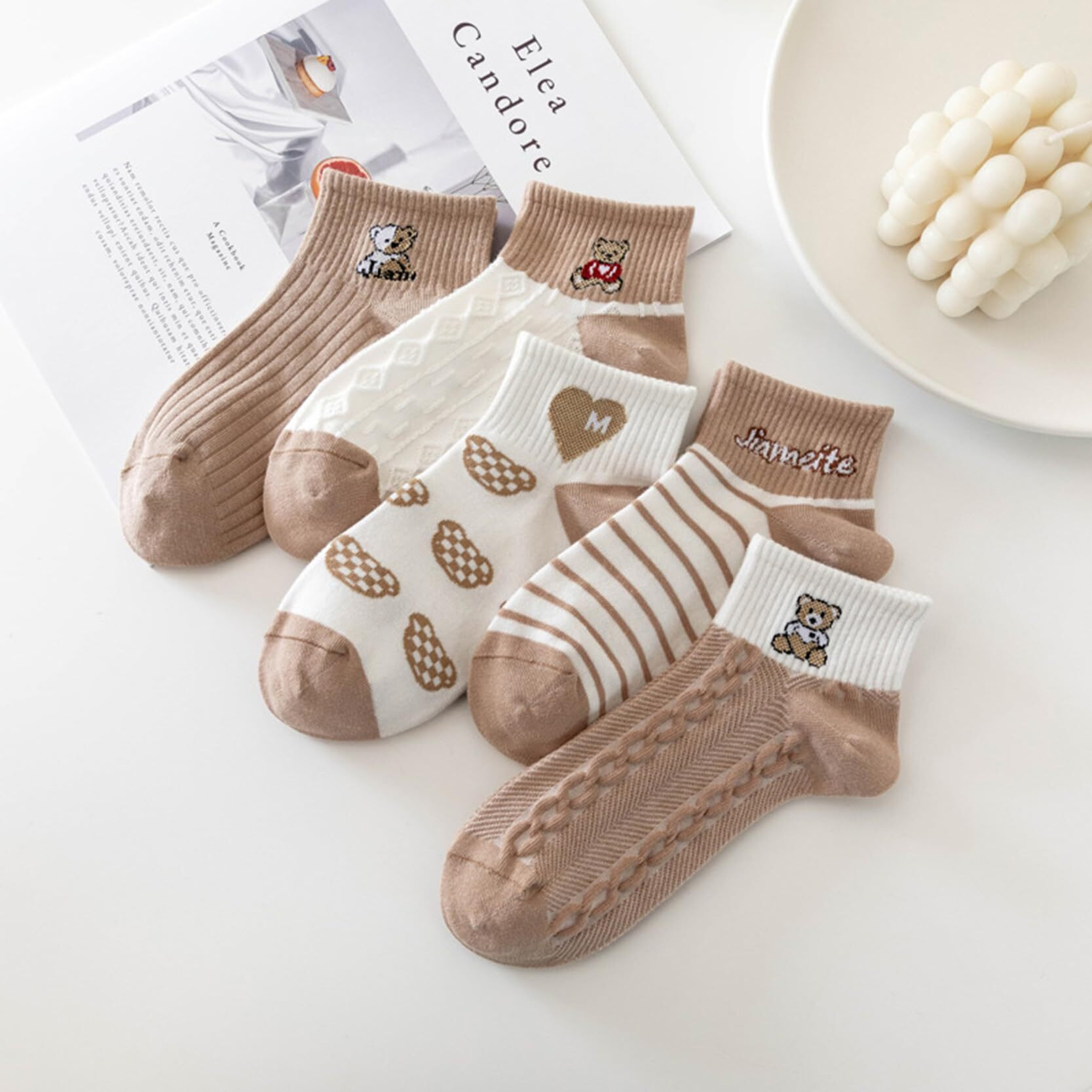 Sweet Caboodles Cotton Women's Ankle Socks For Casual & Sports Multicolor Odour Free Fancy Multi Design Socks Pack (In, Alpha, Free Size, Brown Bear)