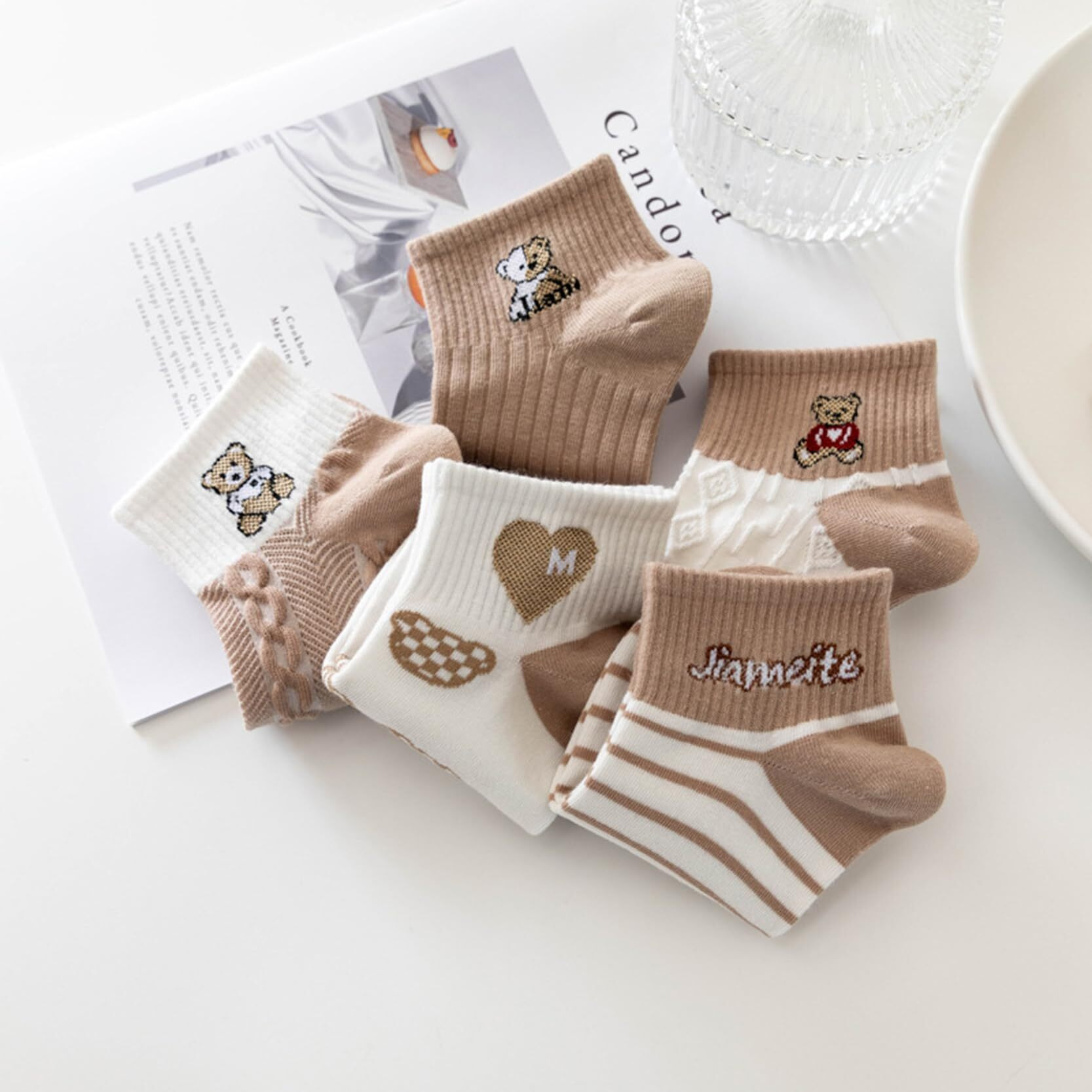 Sweet Caboodles Cotton Women's Ankle Socks For Casual & Sports Multicolor Odour Free Fancy Multi Design Socks Pack (In, Alpha, Free Size, Brown Bear)