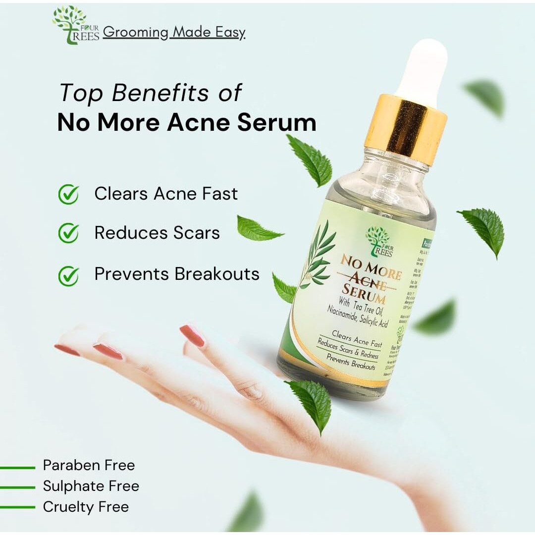 Four Trees No More Acne Serum For Face | With Tea Tree Oil, Salicylic Acid And Niacinamide Serum | For Men & Women | 30Ml | Clears Acne, Reduces Scars, Prevents Breakouts