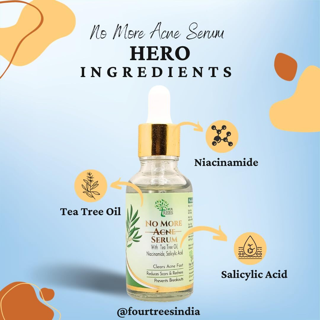 Four Trees No More Acne Serum For Face | With Tea Tree Oil, Salicylic Acid And Niacinamide Serum | For Men & Women | 30Ml | Clears Acne, Reduces Scars, Prevents Breakouts