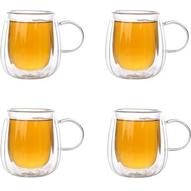 Femora Double Wall Coffee Mug 250Ml (8 Ounces), Clear Glass With Handle, Insulated Cappuccino, Tea, Latte Cup - Heat Resistant (Pack Of 4)