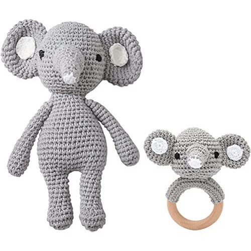 Sycamore East 2Pc Wooden Baby Elephant Rattle & Crochet Doll Plush Elephant Stuffed Animals Toy For Newborn | 100% Handmade Infant Soothe Toys For Sensory And Early Grips Development Gifts