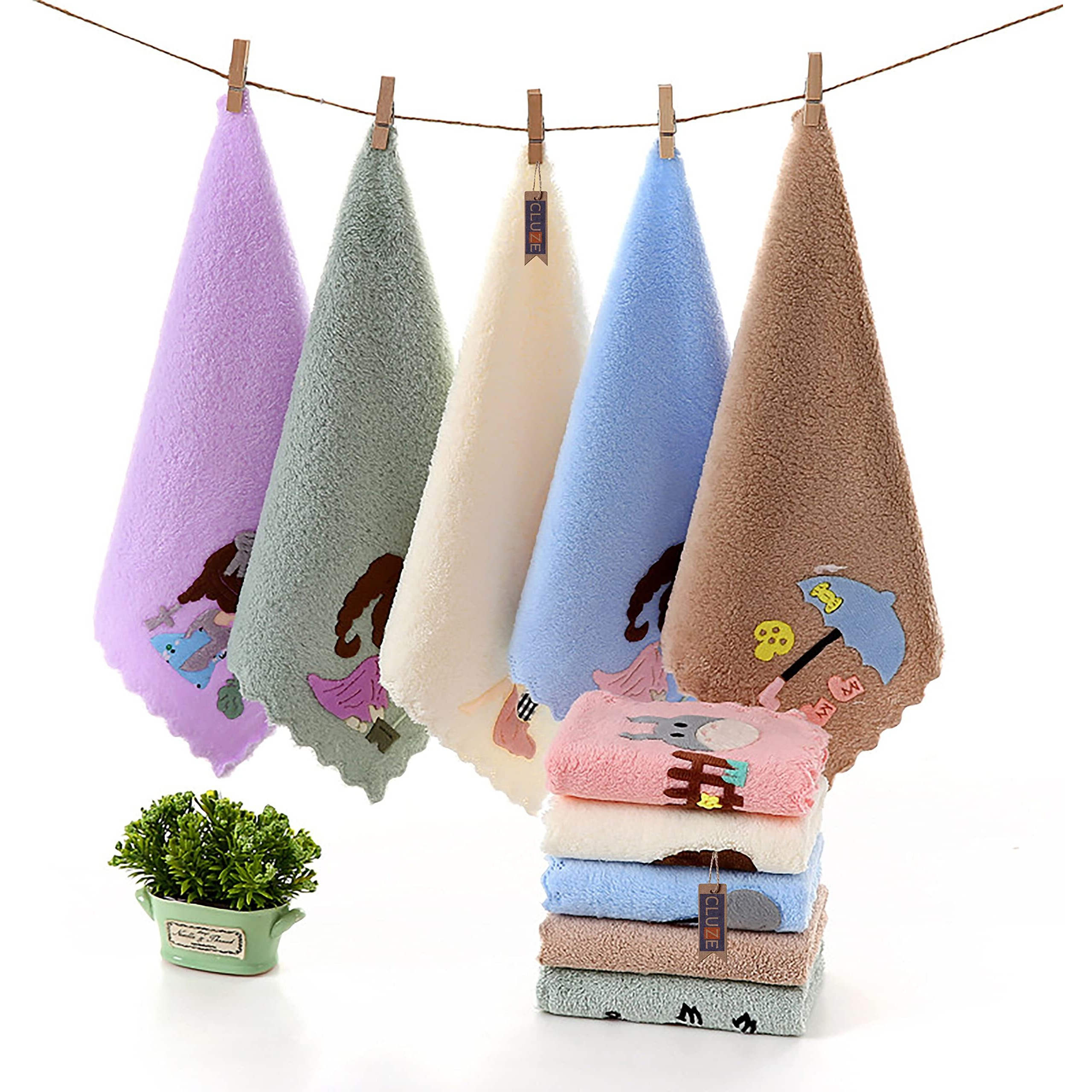 Cluze Microfiber Wash Towels Quick Absorbent Soft Coral Fleece Kids Handkerchief- Face Towel For Girls Cute Doll Embroidered Hanky, Baby Shower Gift Set