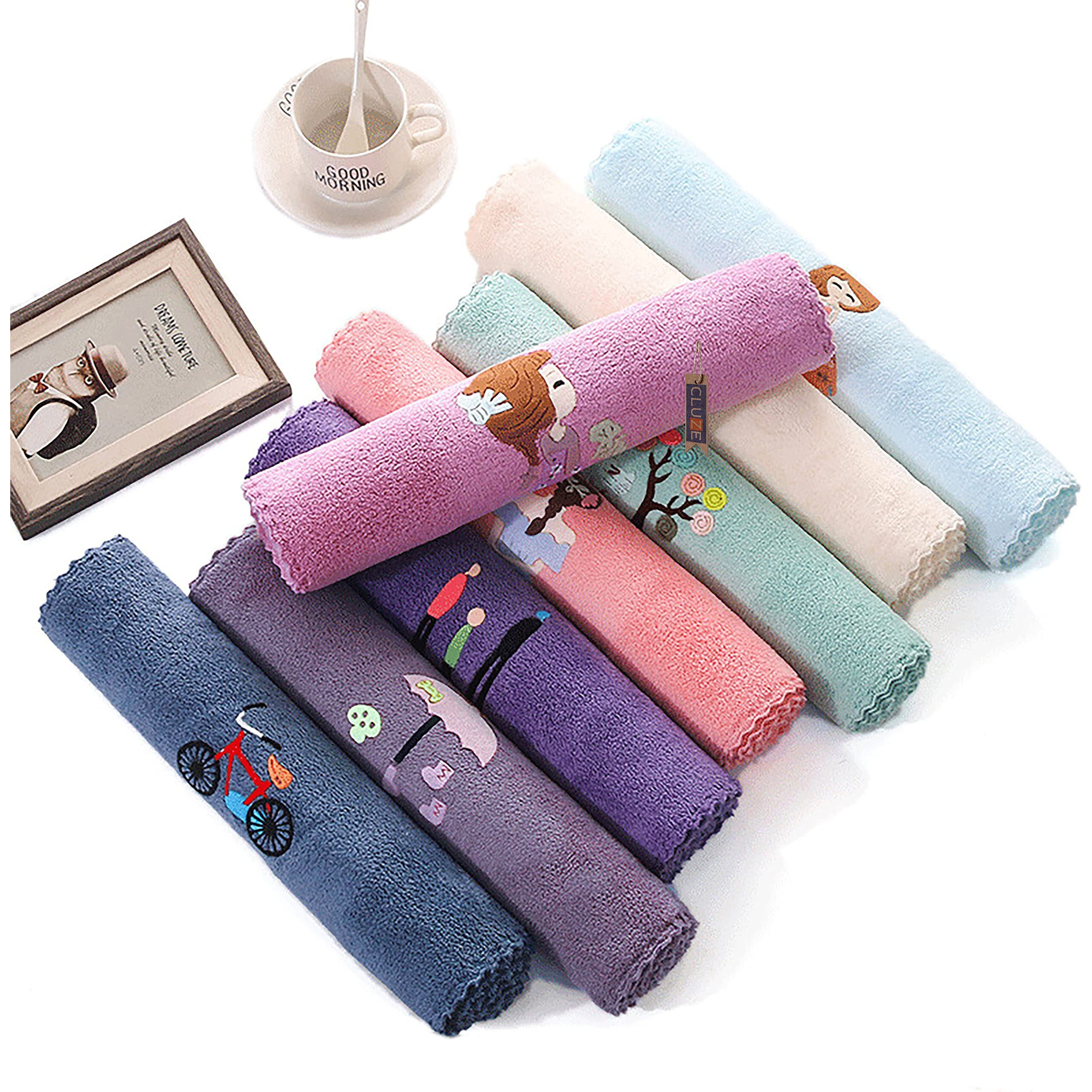 Cluze Microfiber Wash Towels Quick Absorbent Soft Coral Fleece Kids Handkerchief- Face Towel For Girls Cute Doll Embroidered Hanky, Baby Shower Gift Set