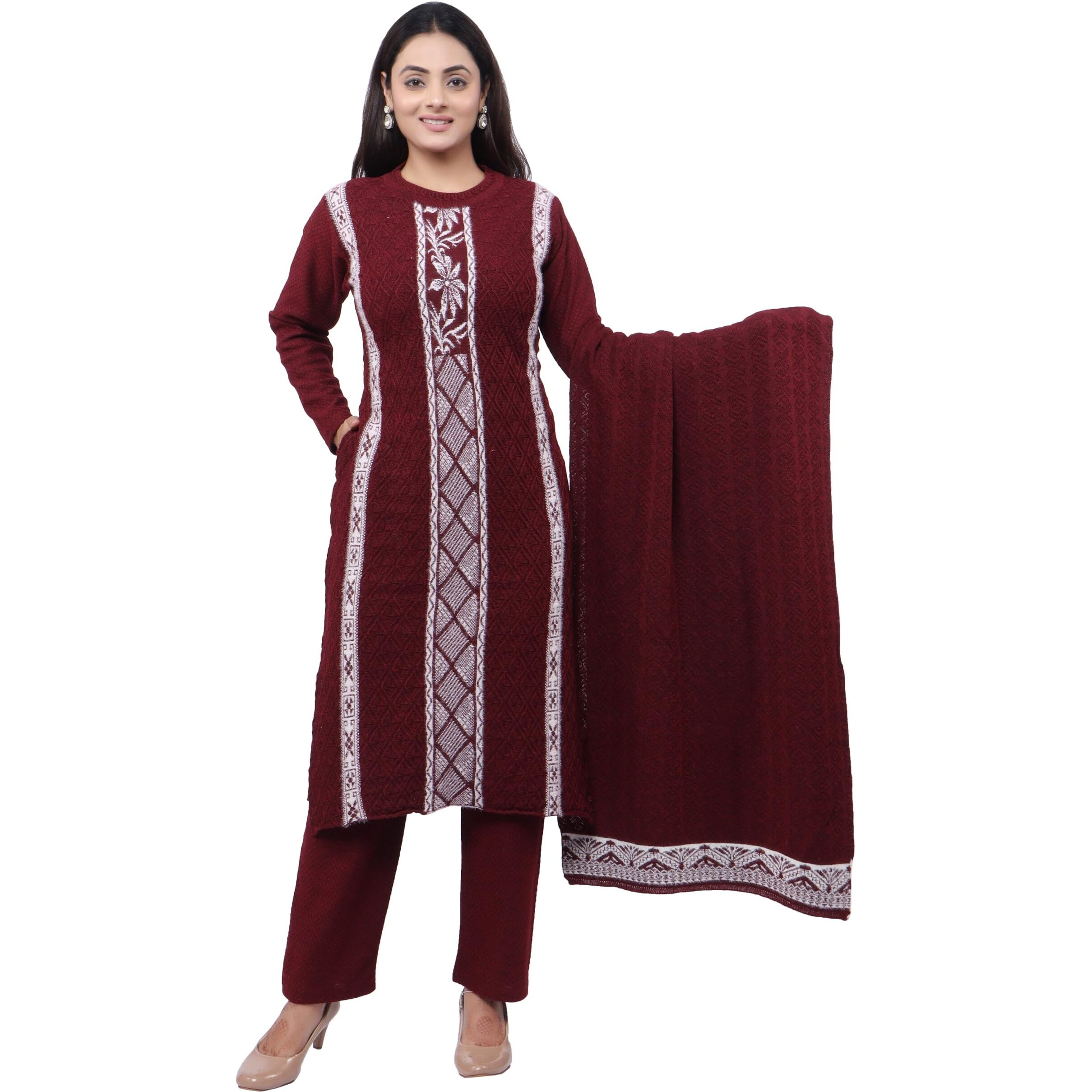 Pipasa Women's Embroidered Floral Kurta Sets Karachi Wool Kurta Palazzo And Stole - Warm Winter Wear, Full Sleeve, Mandarin Collar (Set Of 3 Piece) Kangna, Large