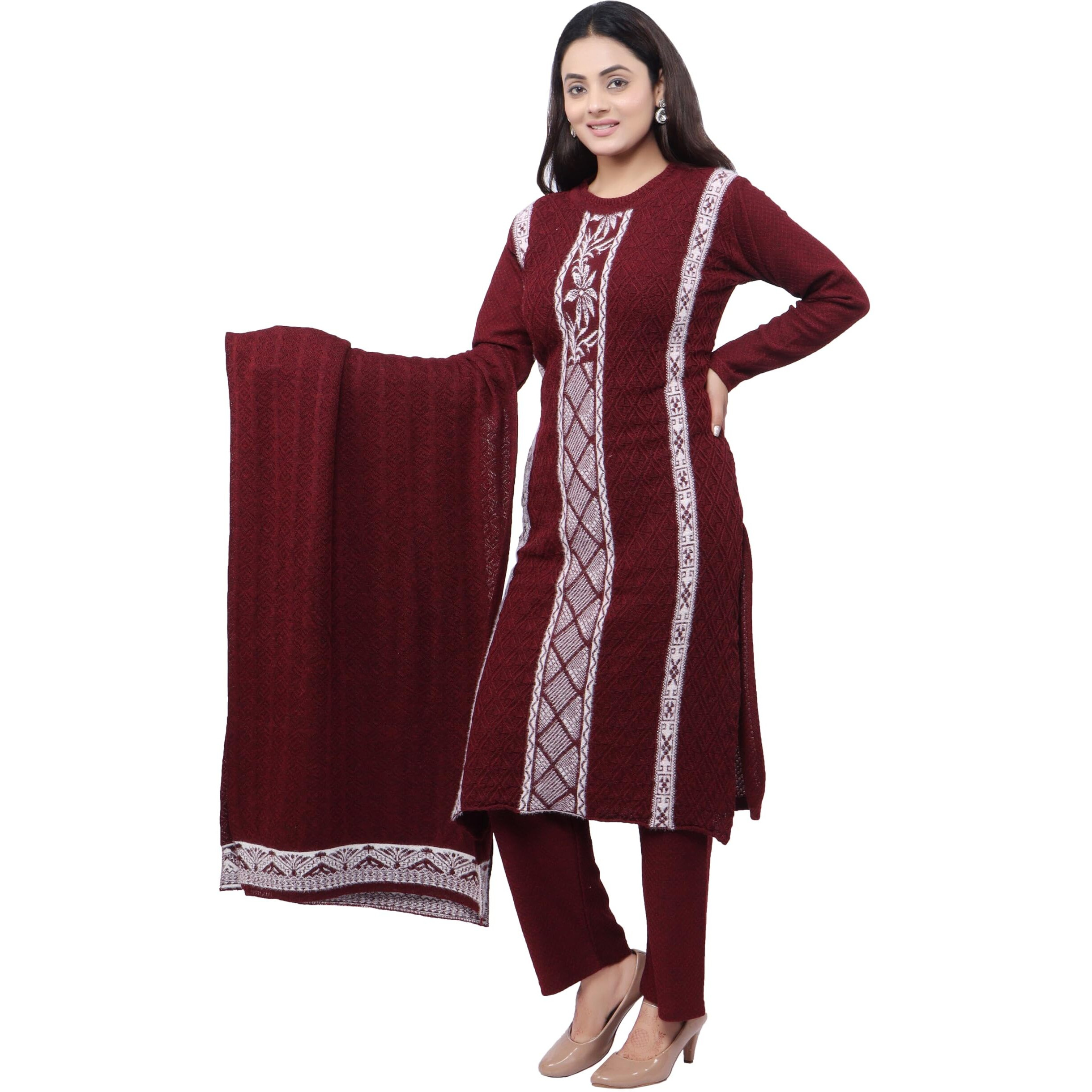 Pipasa Women's Embroidered Floral Kurta Sets Karachi Wool Kurta Palazzo And Stole - Warm Winter Wear, Full Sleeve, Mandarin Collar (Set Of 3 Piece) Kangna, Large