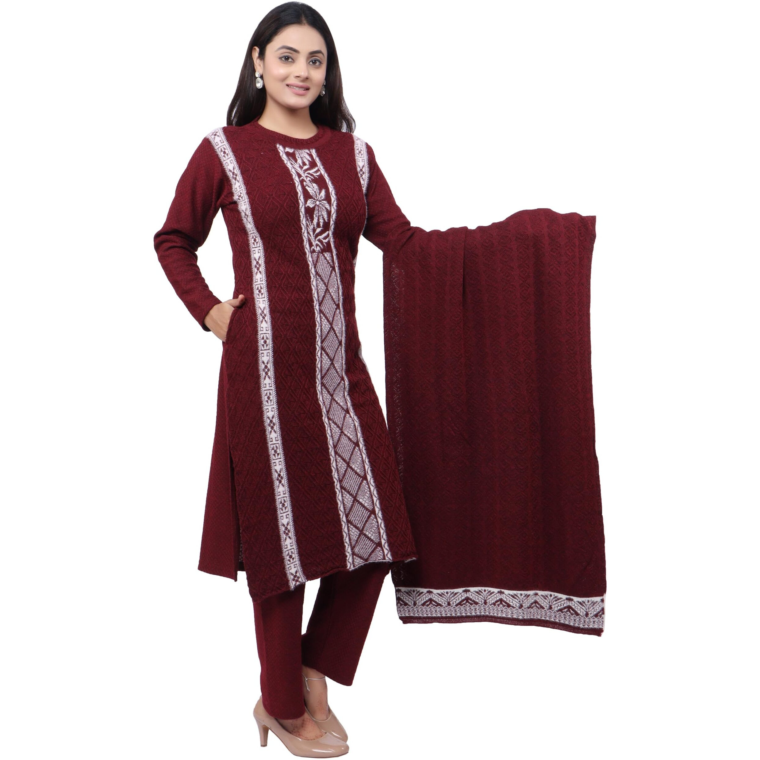 Pipasa Women's Embroidered Floral Kurta Sets Karachi Wool Kurta Palazzo And Stole - Warm Winter Wear, Full Sleeve, Mandarin Collar (Set Of 3 Piece) Kangna, Large
