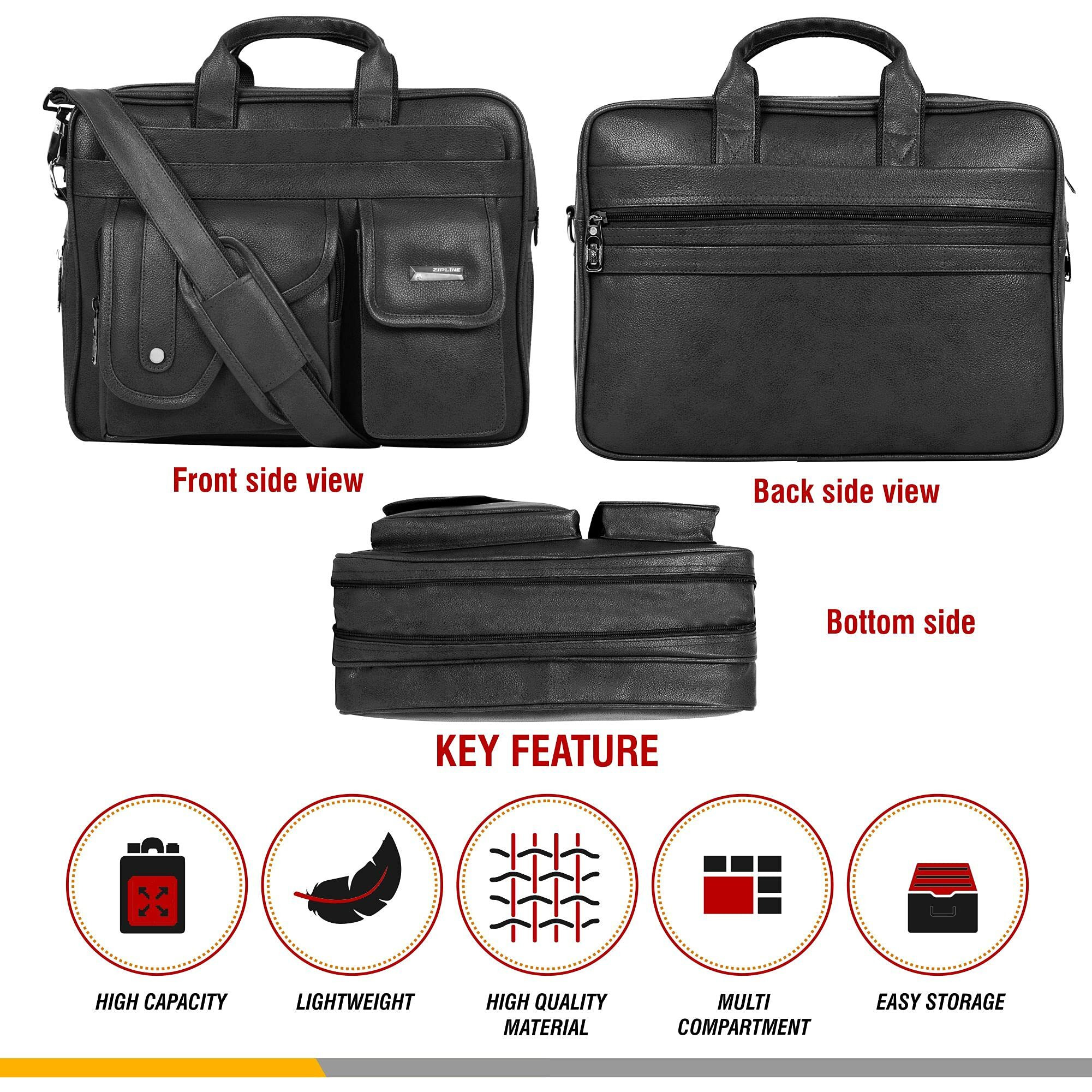 Zipline Office Synthetic Leather Laptop Bag For Men Women, 15.6" Compatible Laptop Messenger Bags For Men & Women (1-Black Bag)