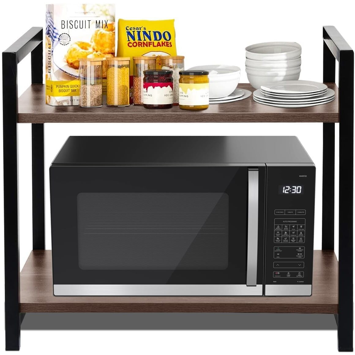 Rizik Store 2-Tier Metal & Wooden Microwave Oven Stand - Multipurpose Extra Storage For Kitchen, Coffee Bar, Countertop, Bathroom (Design 2)