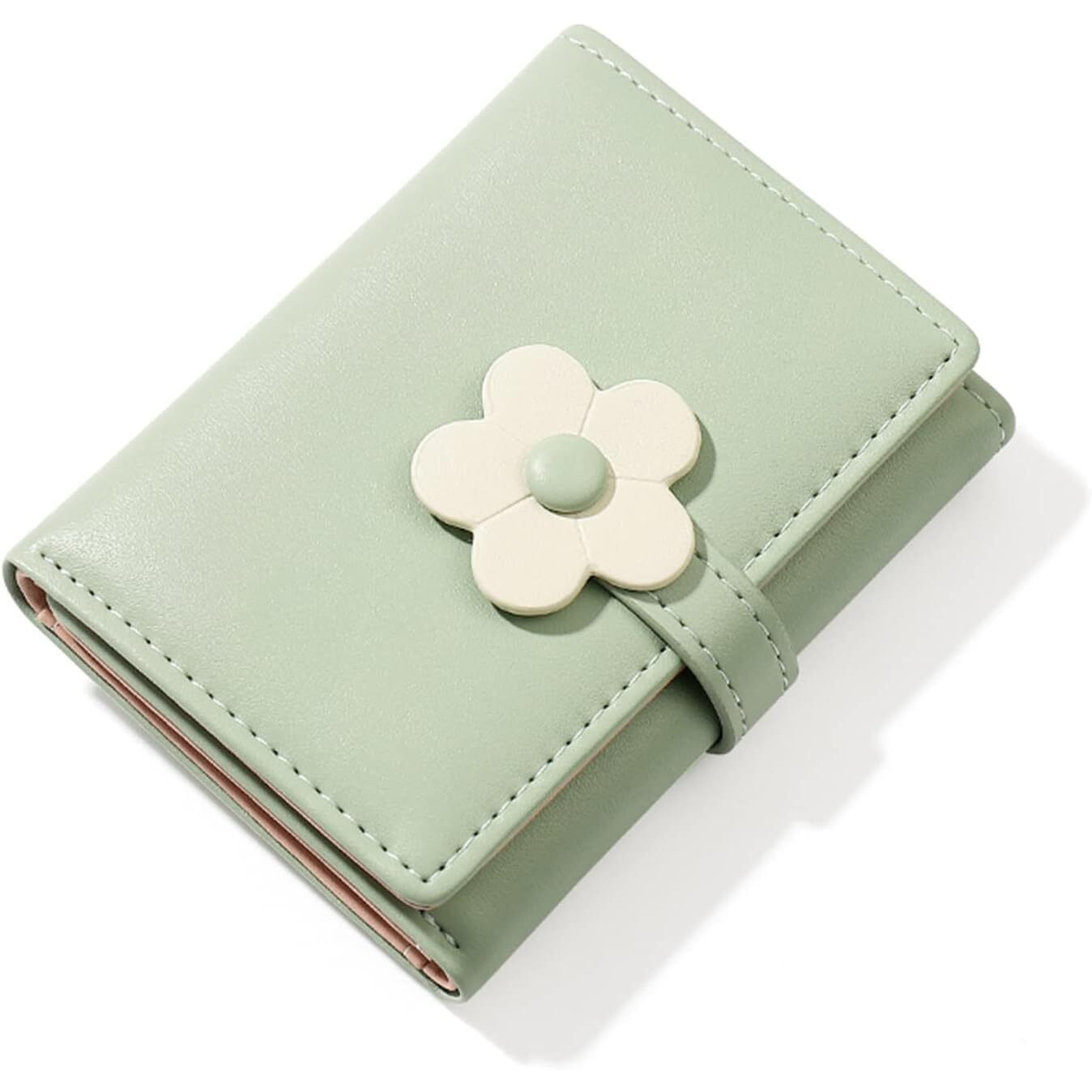 Valerie Cute Small Wallets For Teen Girl Women Pu Leather Trifold Small Wallet Cash Pocket 3D Floral Buckle Card Holder Coin Purse With Id Window For Girls Women (Green)