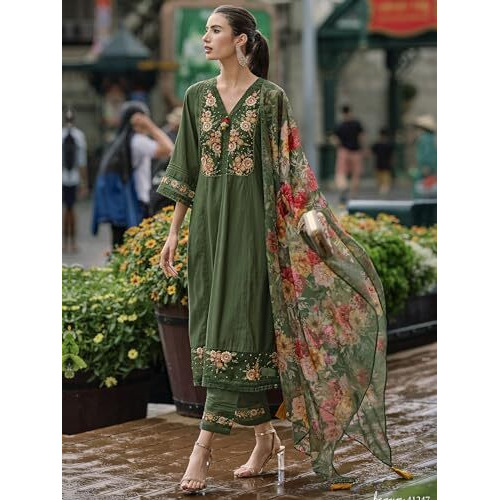 Indo Era Women's Green Embroidered Silk Blend A-Line Kurta Trouser With Dupatta Set (Ieout7378_Large)