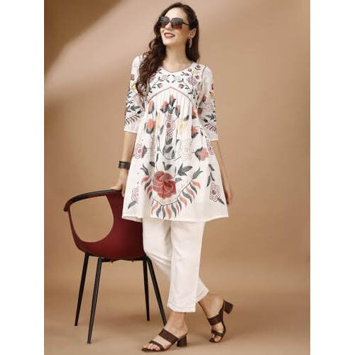 Womanista Women's Rayon Embroidered Set (Co-Ords_9042_Off White_M)
