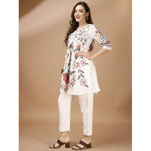 Womanista Women's Rayon Embroidered Set (Co-Ords_9042_Off White_M)