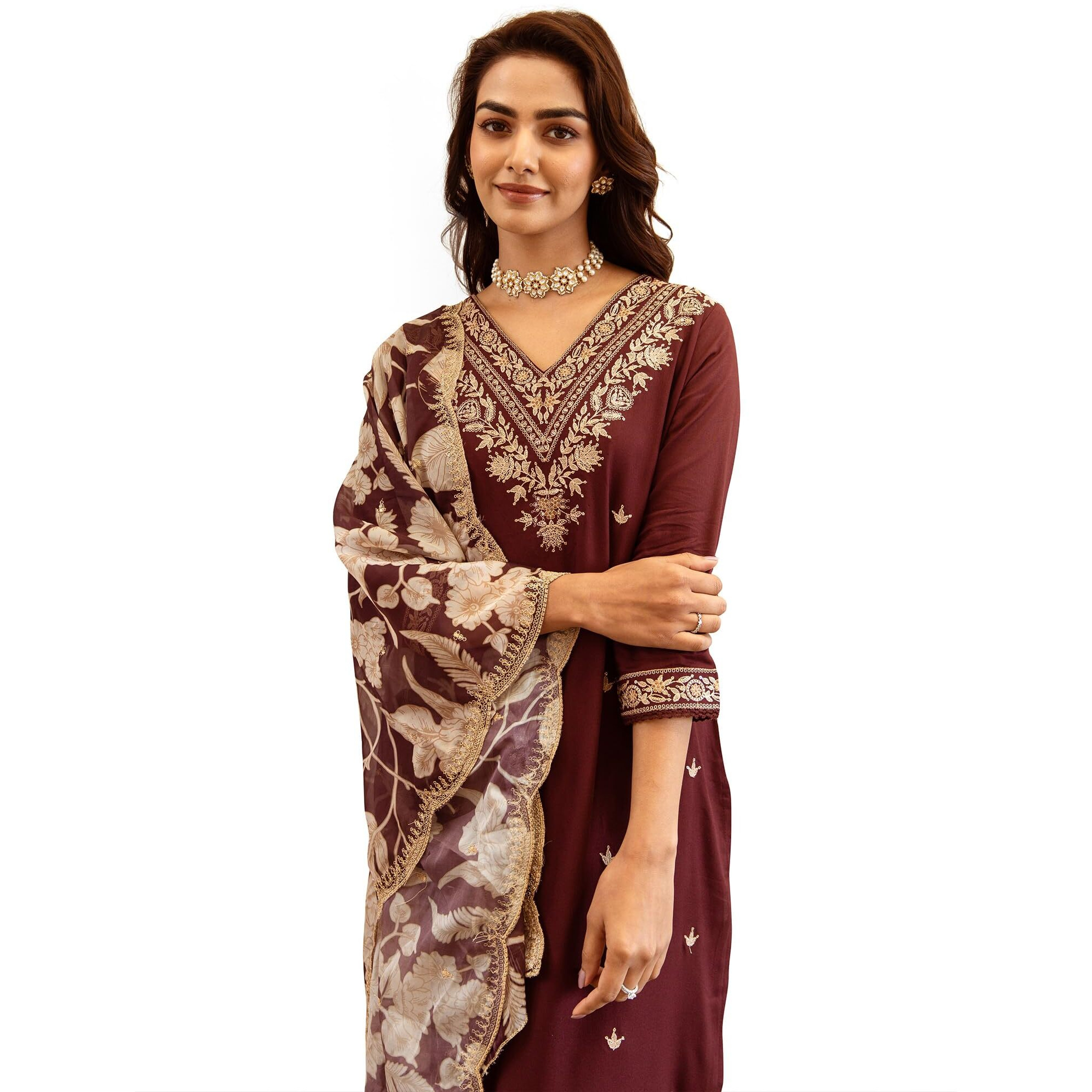 Indo Era Women's Embroidered Viscose Rayon Calf Length Straight Kurta & Salwar With Dupatta Set (Kh5Wn6149_Small)