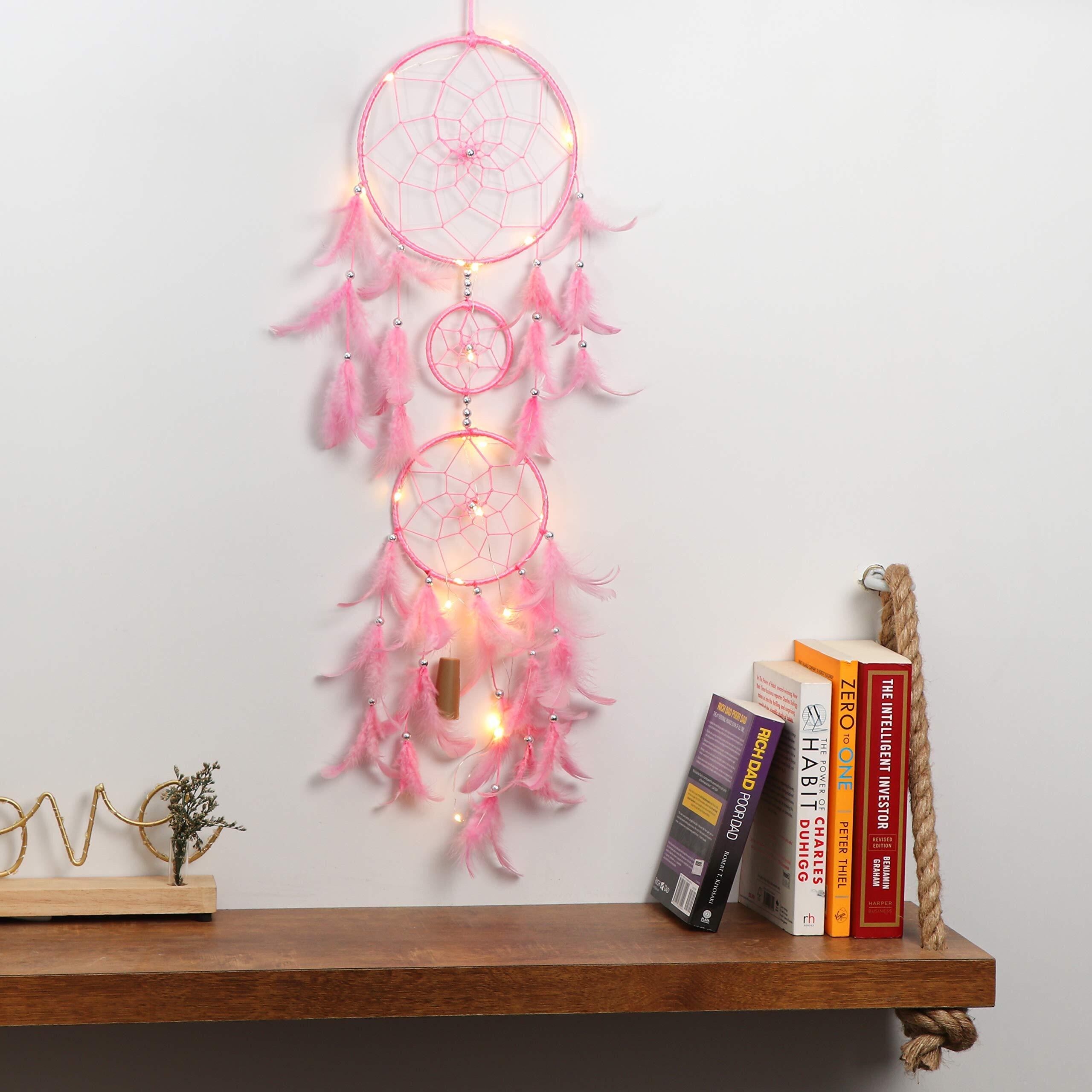 Ilu Dream Catcher With Lights, Wall Hangings, Crafts, Home Dcor, Handmade For Bedroom, Balcony, Garden, Party, Caf, Decoration, Wedding, Decorative, Pink Feathers (17 Cm Diameter)
