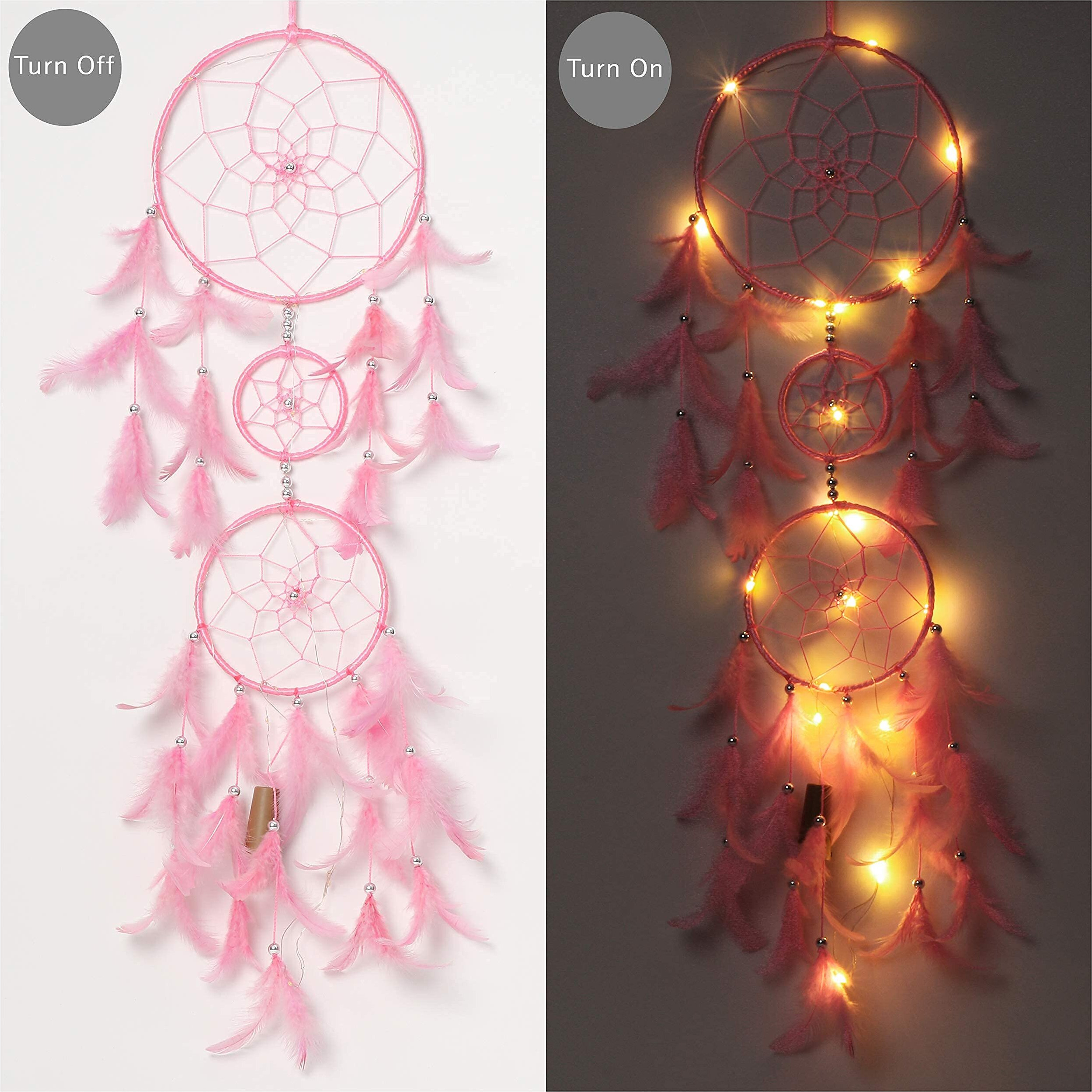 Ilu Dream Catcher With Lights, Wall Hangings, Crafts, Home Dcor, Handmade For Bedroom, Balcony, Garden, Party, Caf, Decoration, Wedding, Decorative, Pink Feathers (17 Cm Diameter)